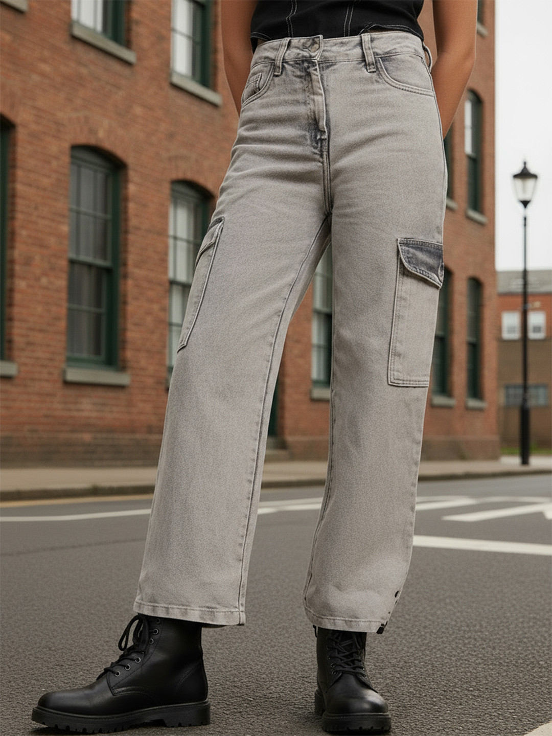 Freehand by The Indian Garage Co Women Grey Flared Clean Look Heavy Fade Cargo Jeans