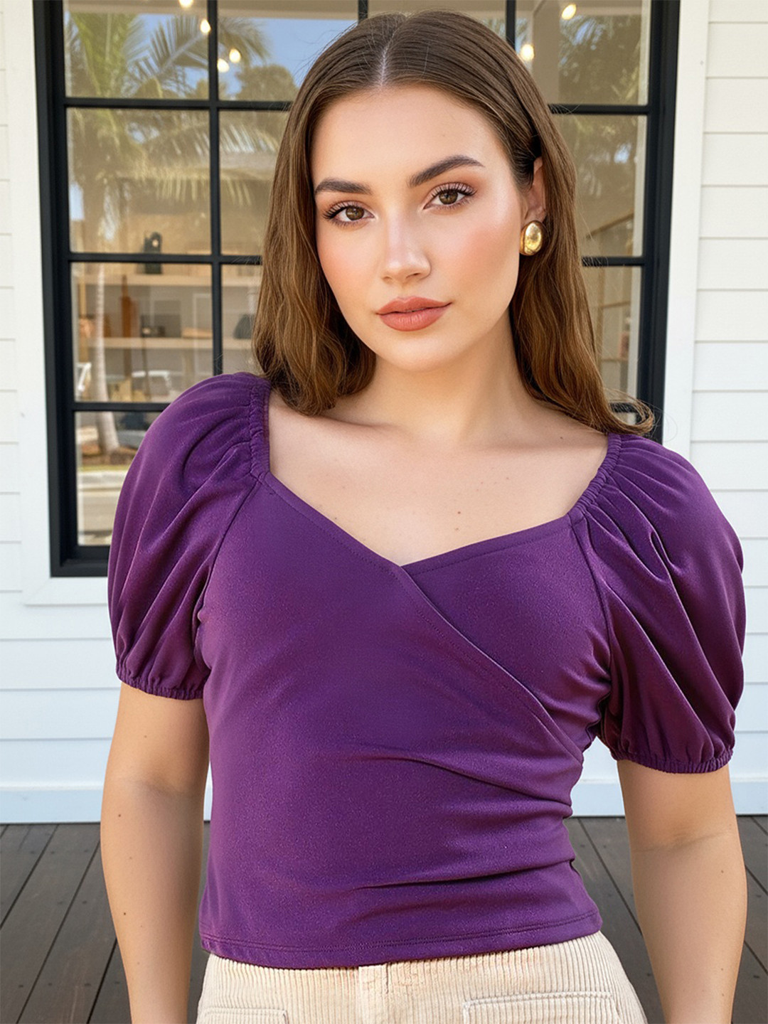 Freehand by The Indian Garage Co Square Neck Puff Sleeve Fitted Top