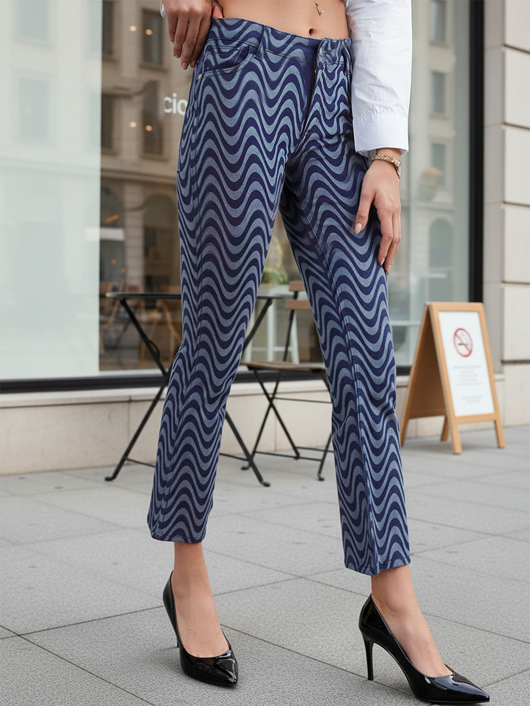 Freehand by The Indian Garage Co Women Blue Coloured Printed High-Rise Stretchable Bootcut Jeans