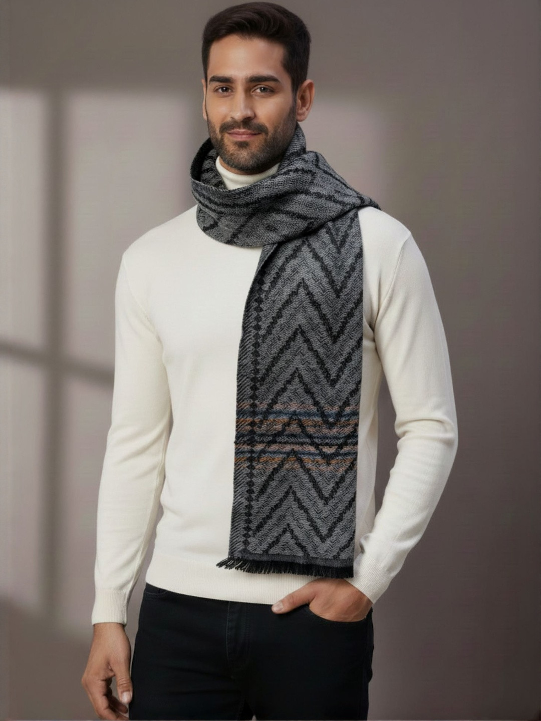 Zamour Men Chevron Pattern Woolen Mufflers with Fringed Border