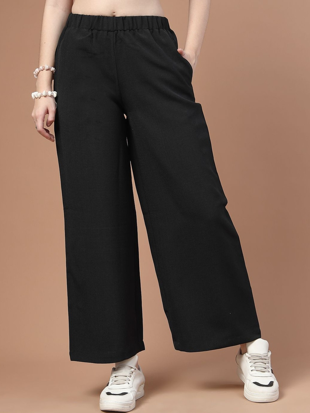 Style Quotient Women Textured Relaxed Straight Leg Loose Fit High-Rise Non Iron Trouser