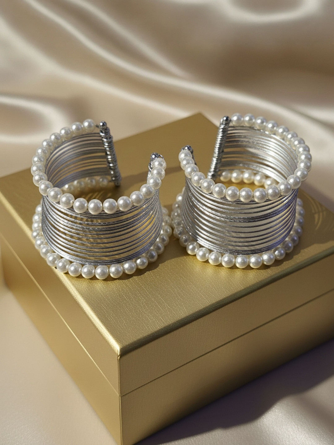 MANSIYAORANGE Set Of 2 Rhodium-Plated Pearls Beaded Mess Wire Cuff Bracelets