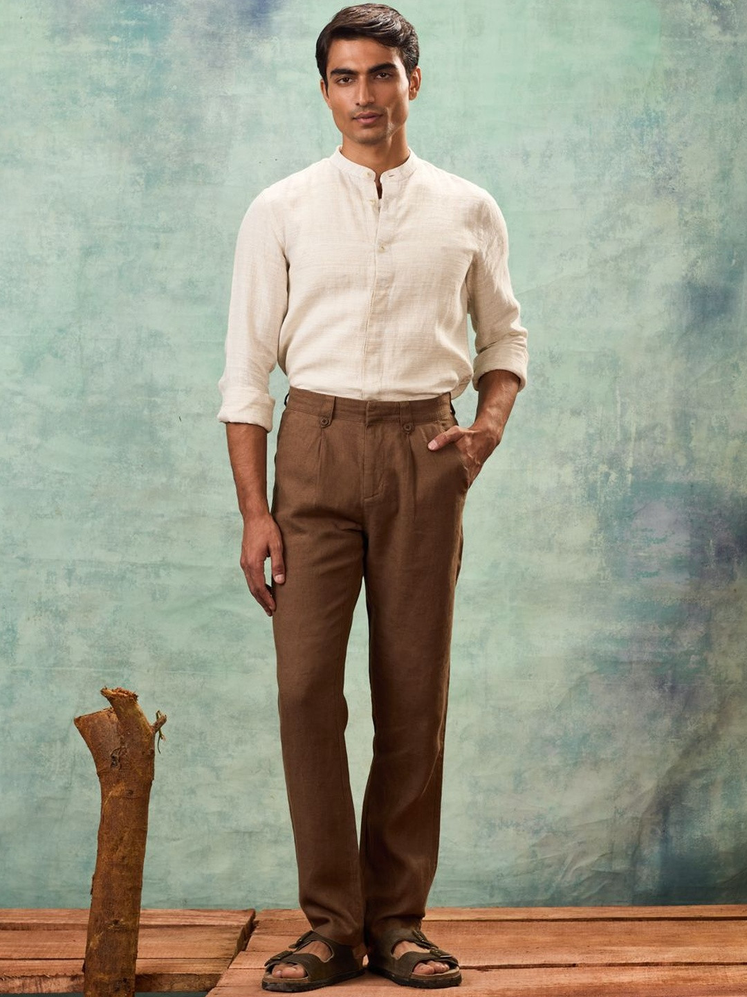 MH&Y Men Mid-Rise Flat-Front Comfort Relaxed Fit Linen Trouser