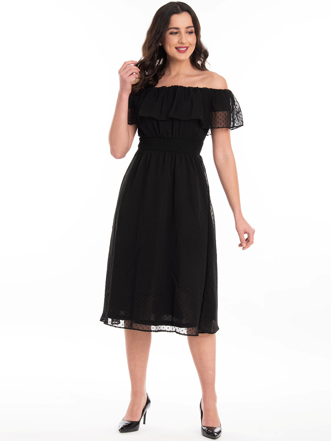 ND & R Self Design Off-Shoulder Gathered or Pleated  Georgette Fit and Flare  Midi Dress