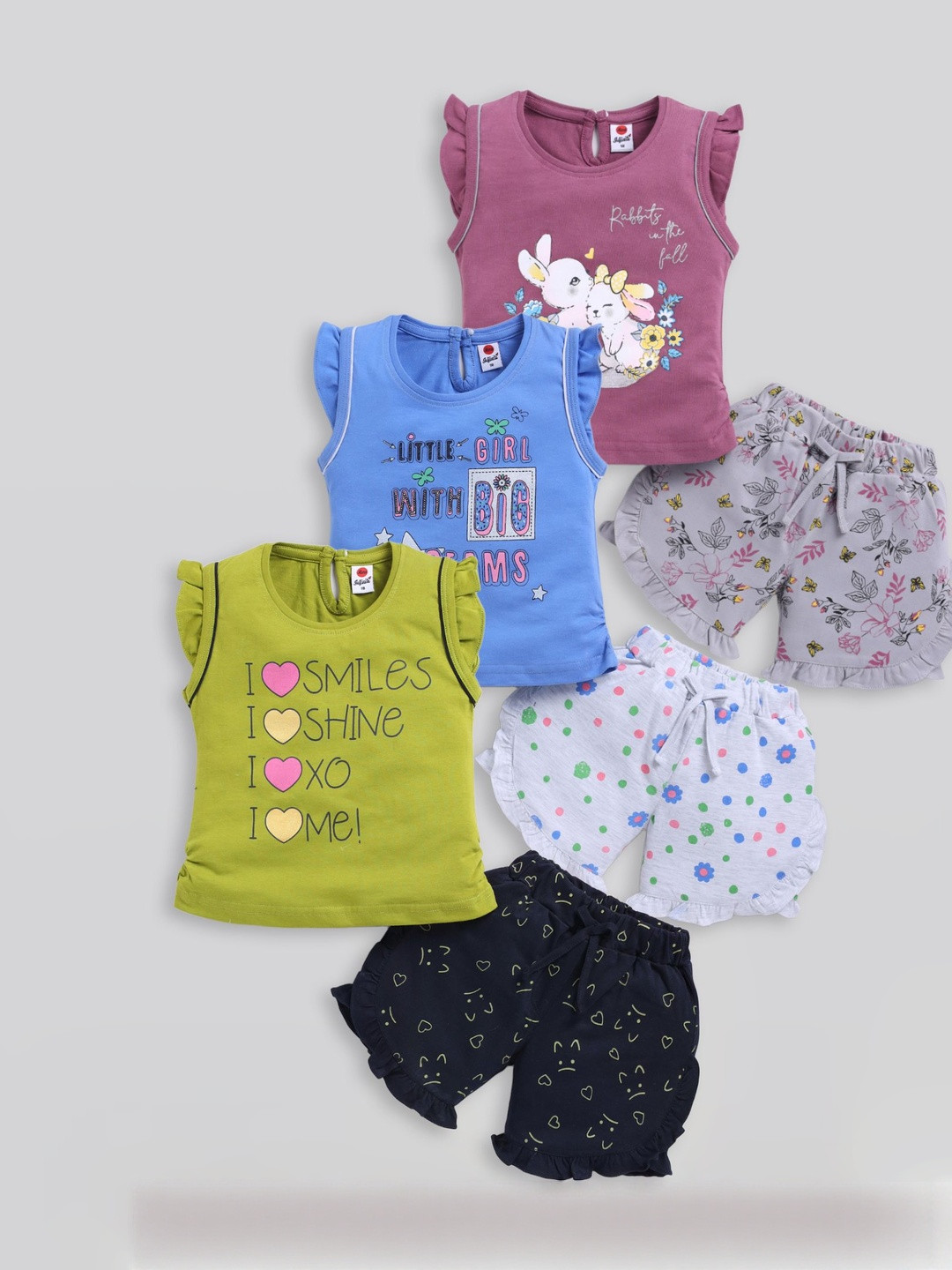 Mars Infiniti Set Of 3 Pure Cotton Girls Printed T-shirt with Skirt