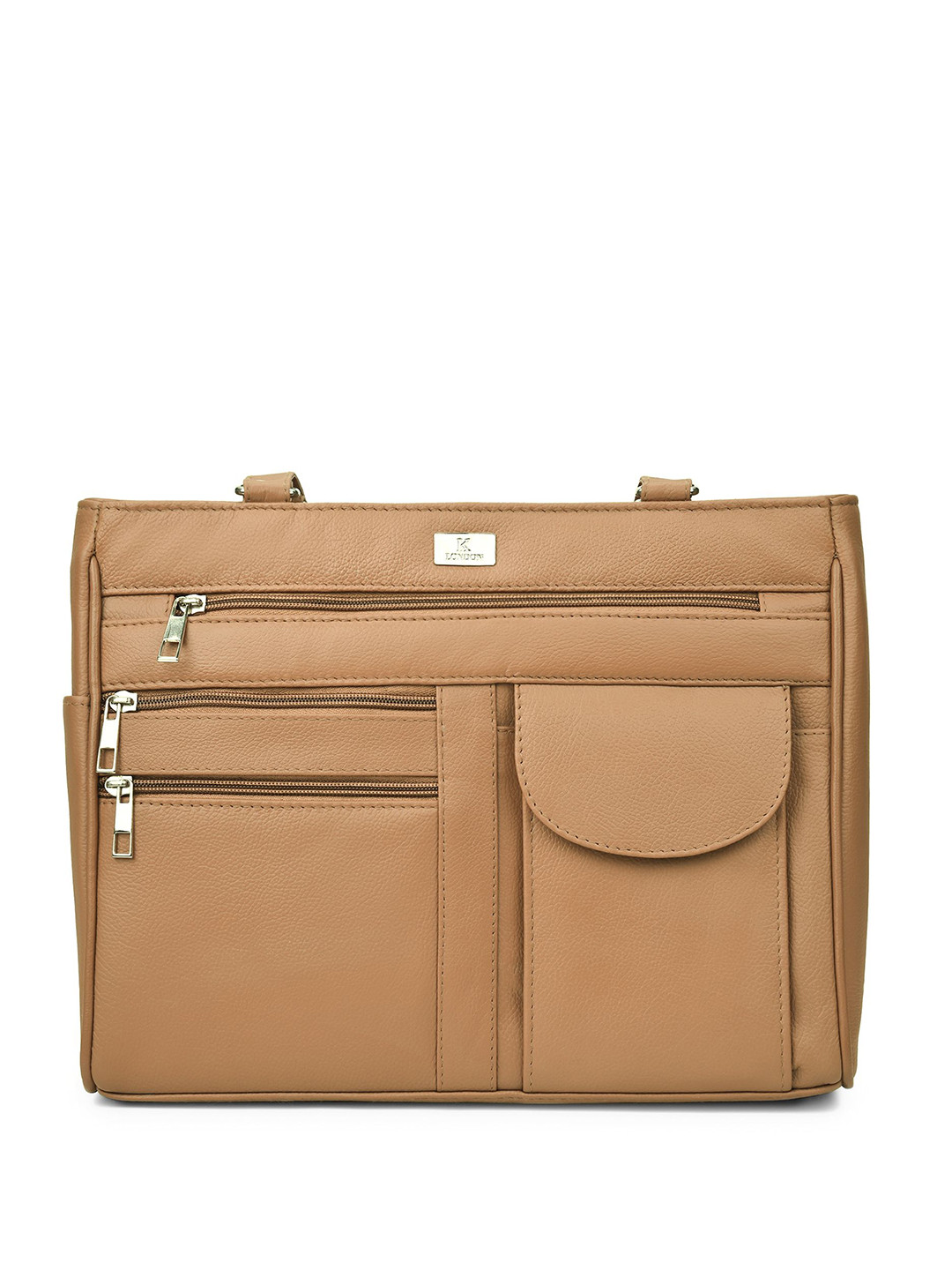 K London Women Solid Structured Zip Detail Leather Shoulder Bag