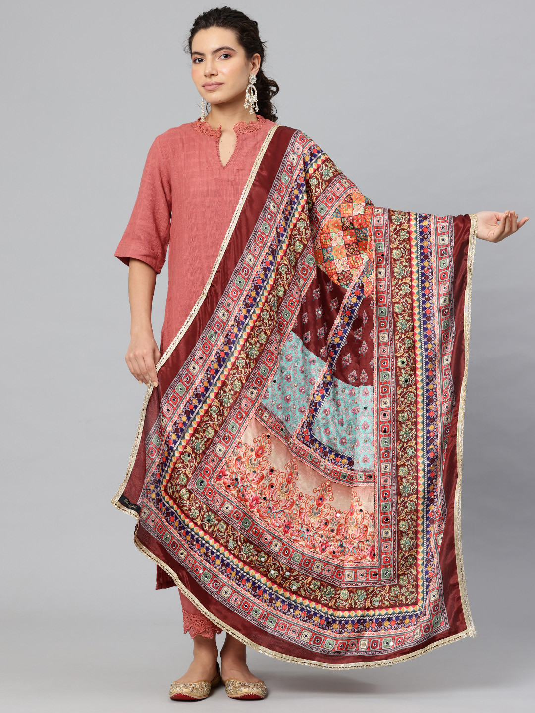 SWI Stylish Ethnic Motifs Printed Gotta Patti Party Dupatta with Mirror Work