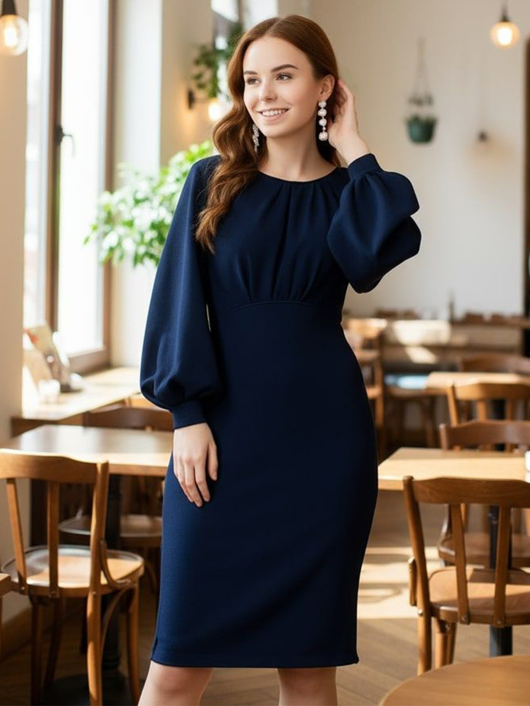 Style Quotient Women Round Neck Puff Sleeve Formal Sheath Dress