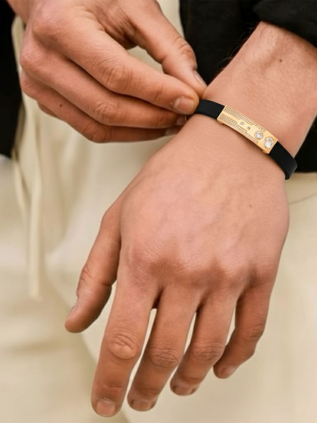 RKB Sales Men American Diamond Rose Gold-Plated Cuff Bracelet