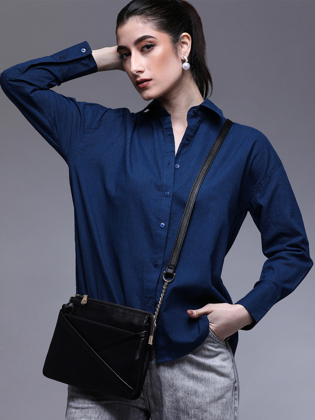 Paper Cut Oversized Cotton Spread Collar Solid Casual Shirt