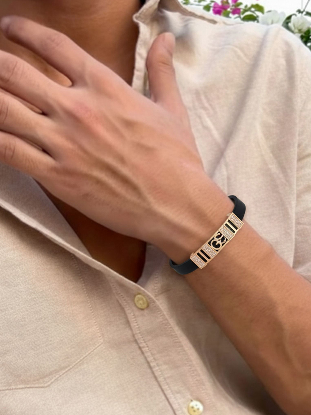 RKB Sales Men Black Alloy American Diamond Antique Rose Gold-Plated Bracelet