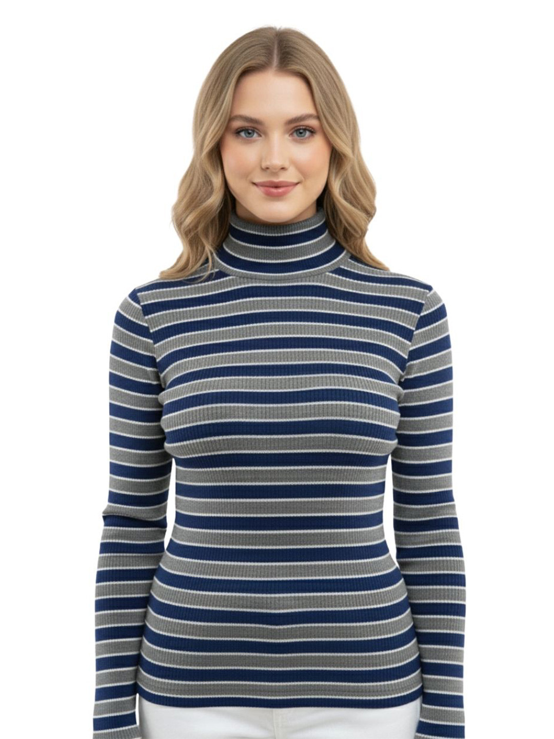 Looks United Women Striped Turtle Neck Long Sleeves Woollen Pullover Sweater