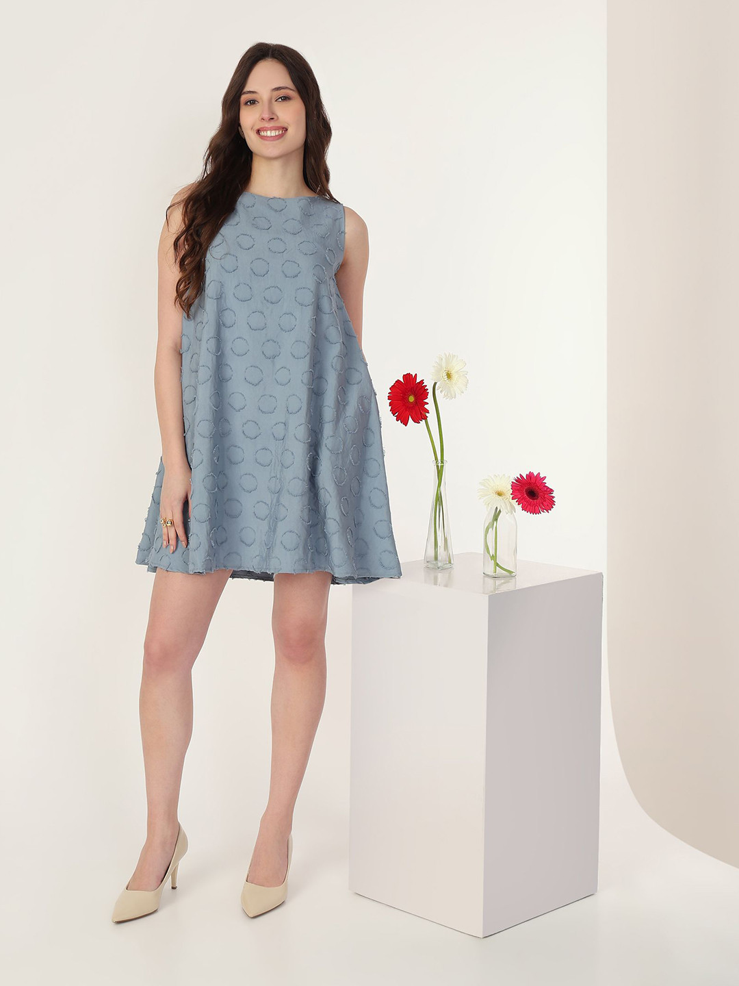 MISH X Women Self Design Boat Neck Sleeveless A-Line Mini Dress