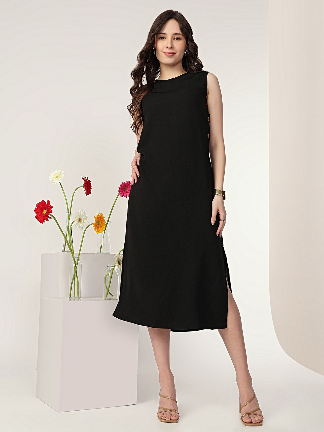 MISH X Women Round Neck Sleeveless Shift Midi Dress with Side Slits