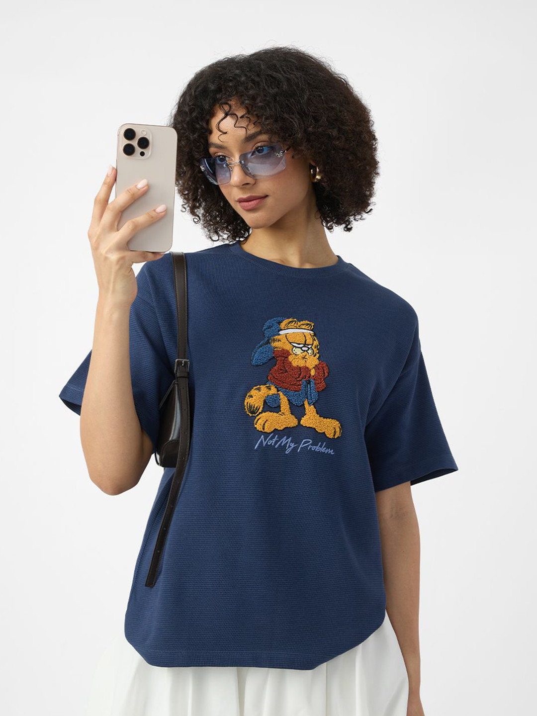 The Souled Store Garfield Textured Drop-Shoulder Sleeves Oversized Fit T-shirt