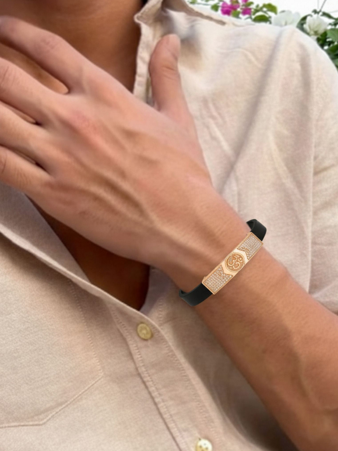 RKB Sales Men Black & Gold-Plated American Diamond Alloy Wraparound Bracelet