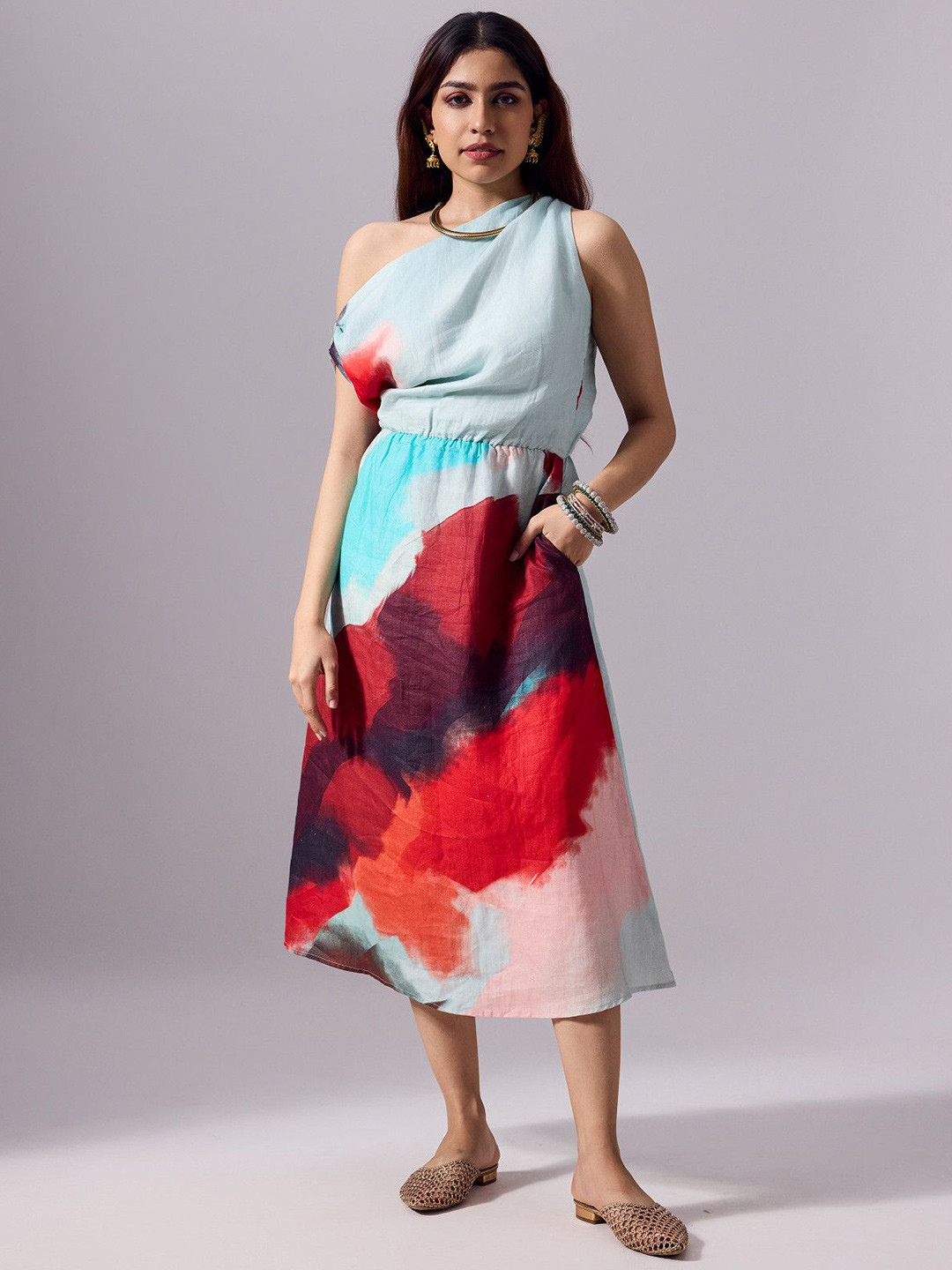 dhaaga Women Abstract Printed One Shoulder A-Line Midi Dress