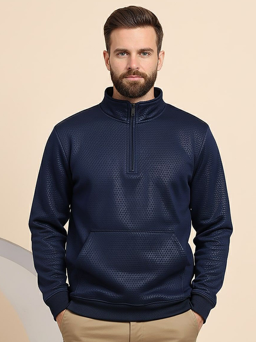 Mast & Harbour Men Geometric Pattern Mock Collar Half Zipper Pullover Sweatshirt