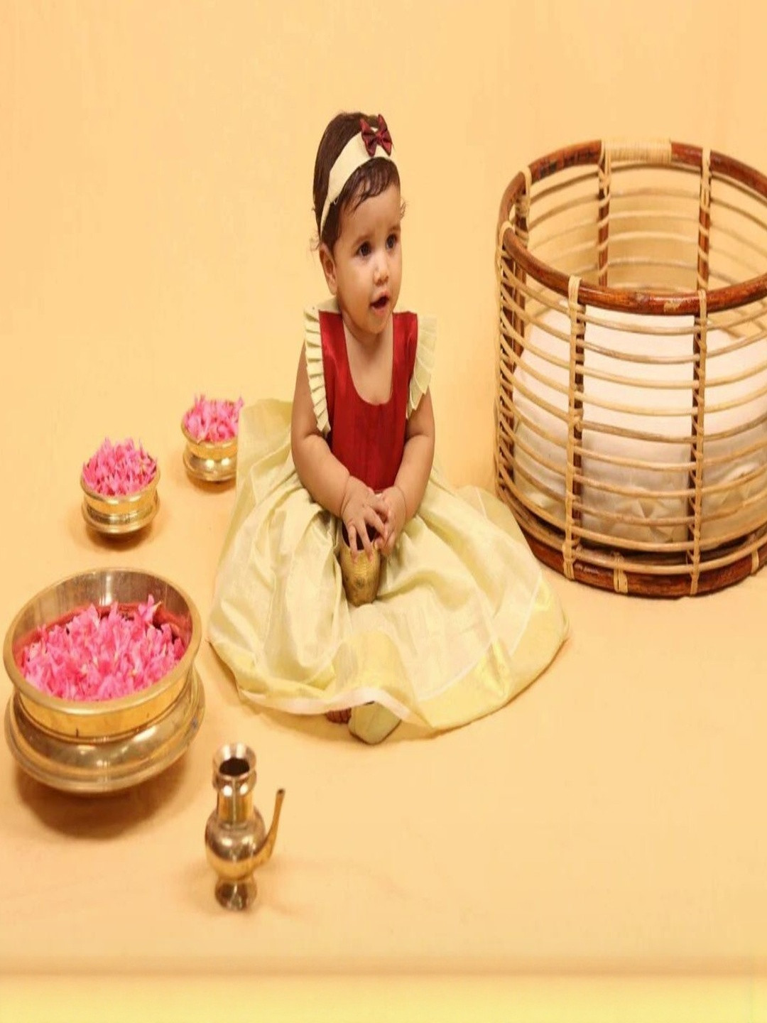 DISHA CREATIONZ Infant Girls Colourblocked Belted Ruffles Round Neck Fit And Flare Dress