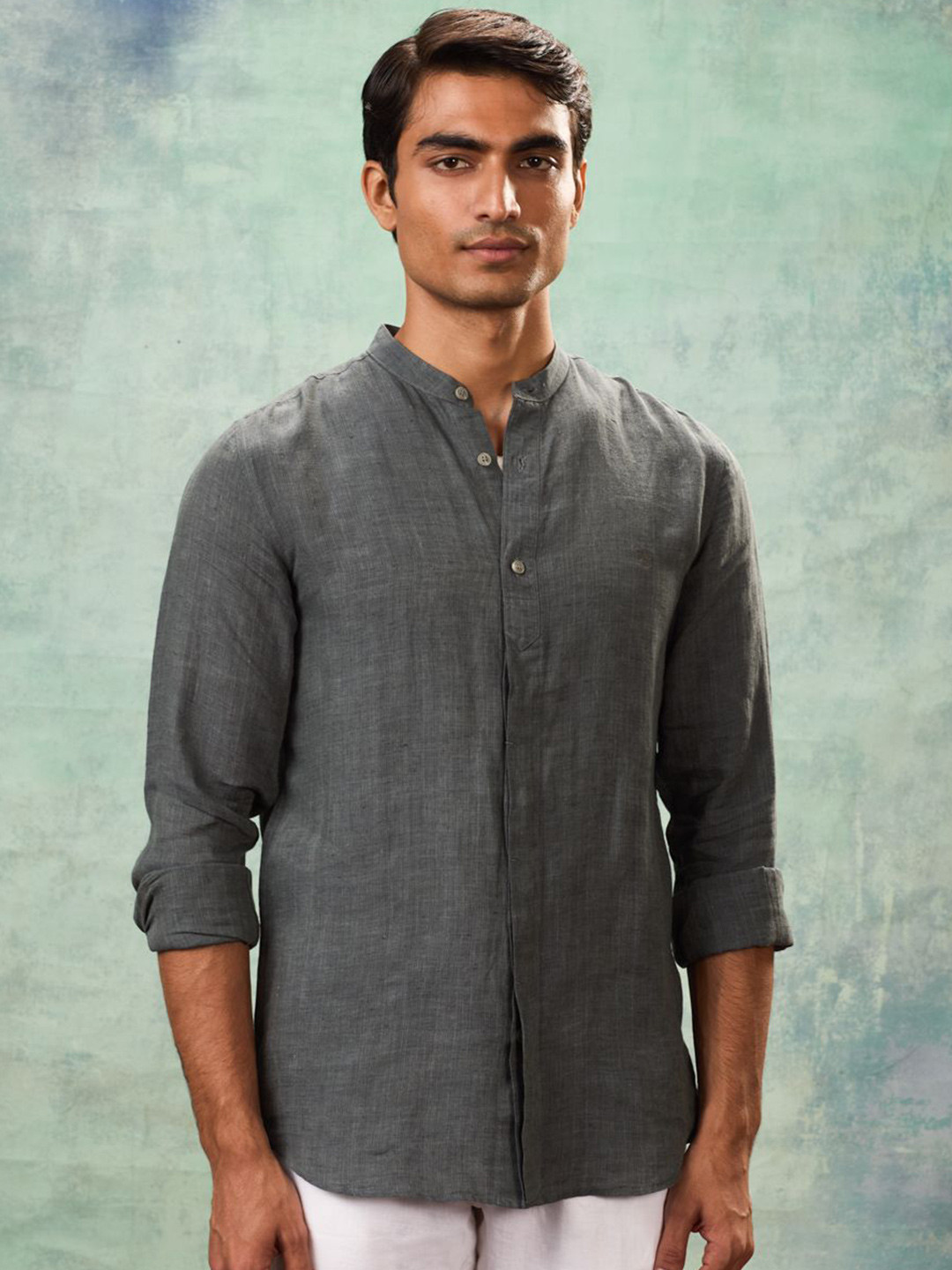 MH&Y Men Comfort Fit Solid Band Collar Linen Casual Shirt