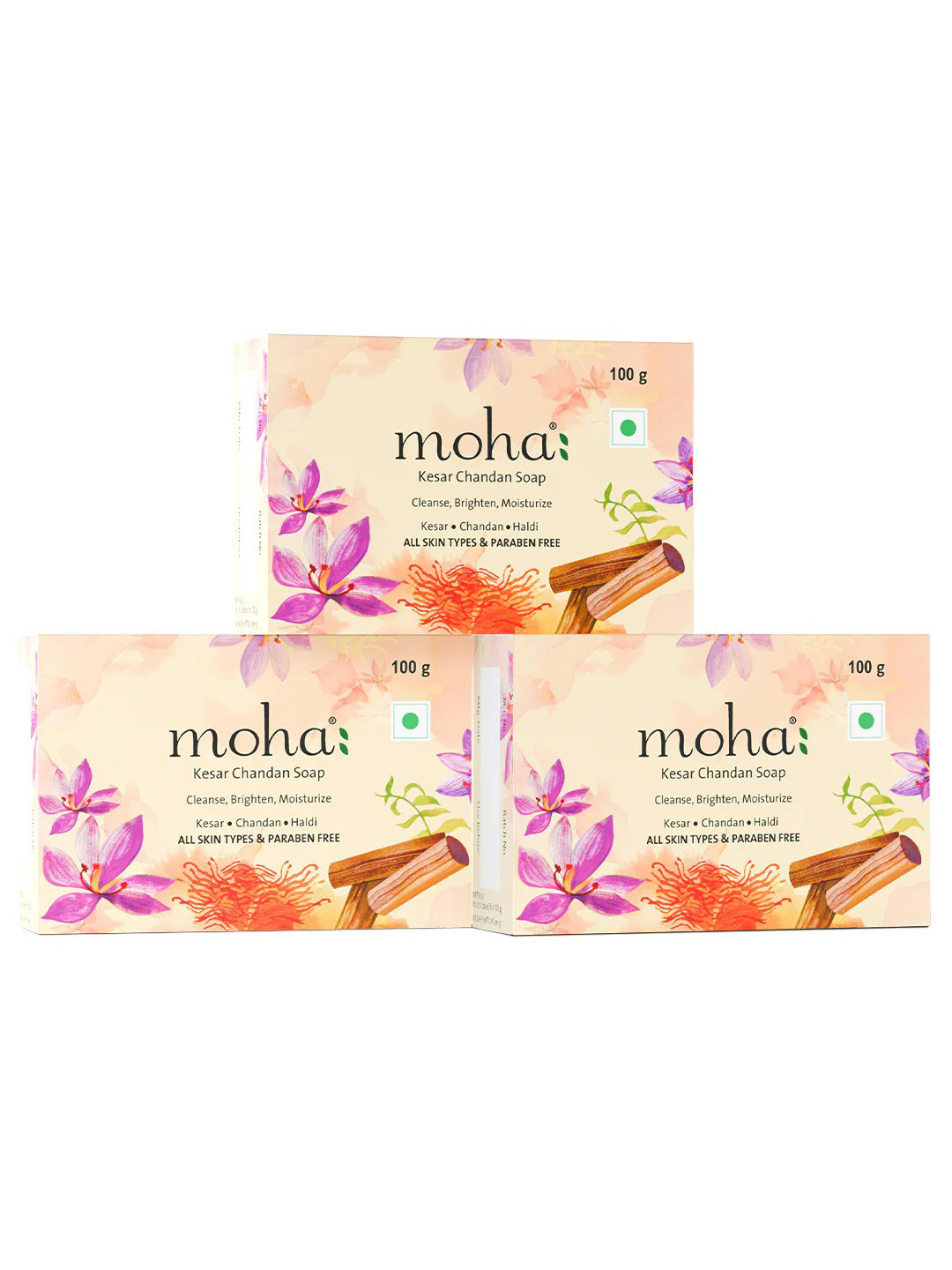 moha Set Of 3 Kesar Chandan Antibacterial Anti-Inflammatory Herbal Soap - 100g Each