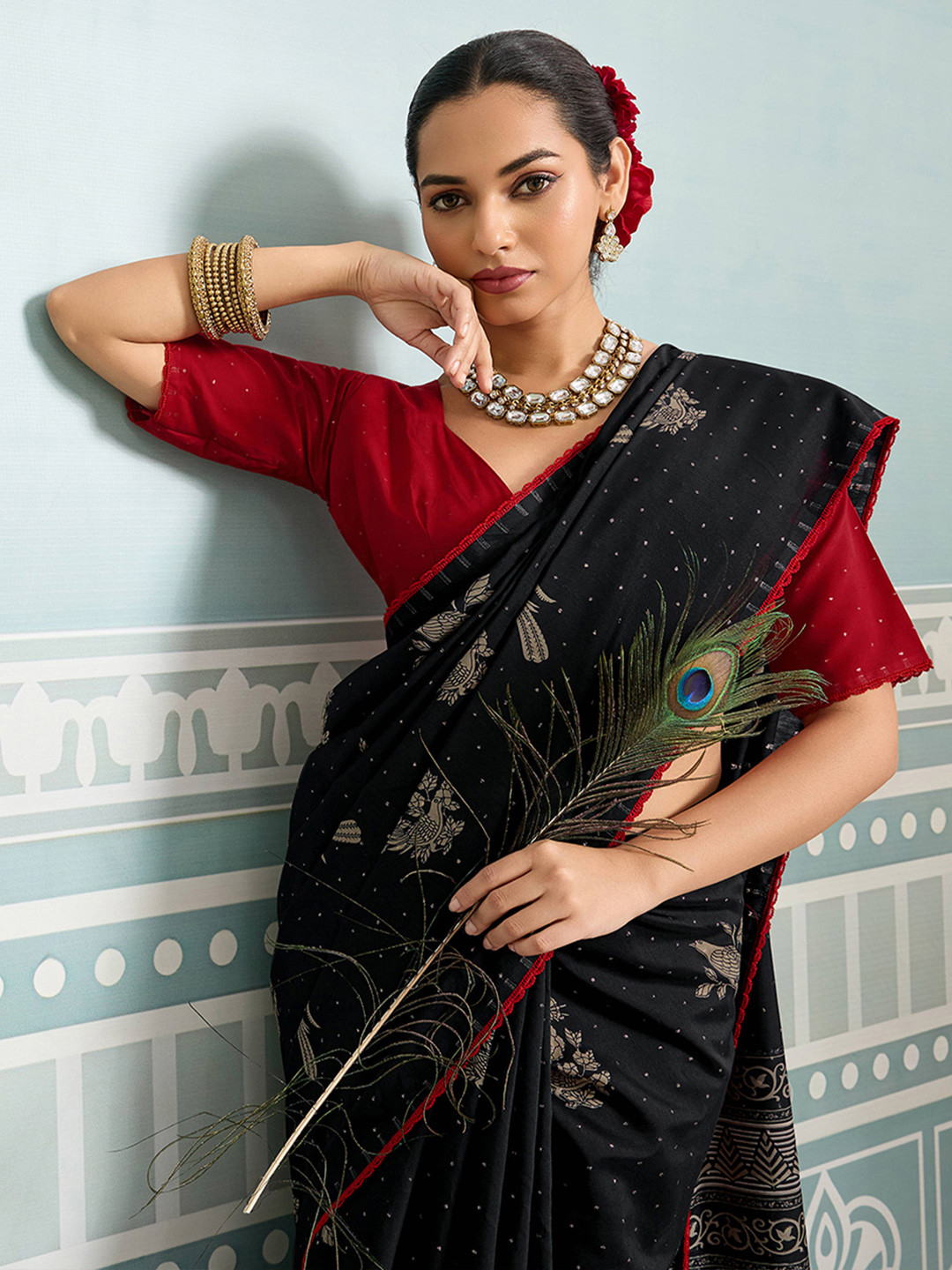 House of Pataudi Ethnic Digital Printed Festive Wear Saree With Matching Blouse