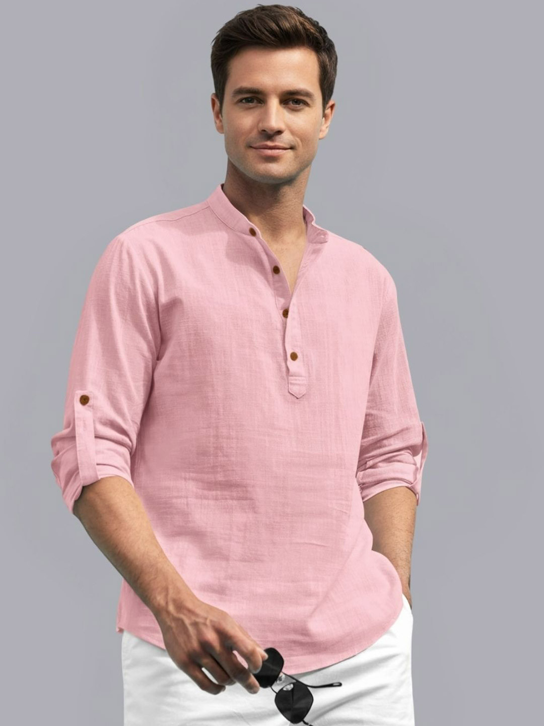 Zee Gold Men Mandarin Collar Roll-Up Sleeves Cotton Straight Kurta