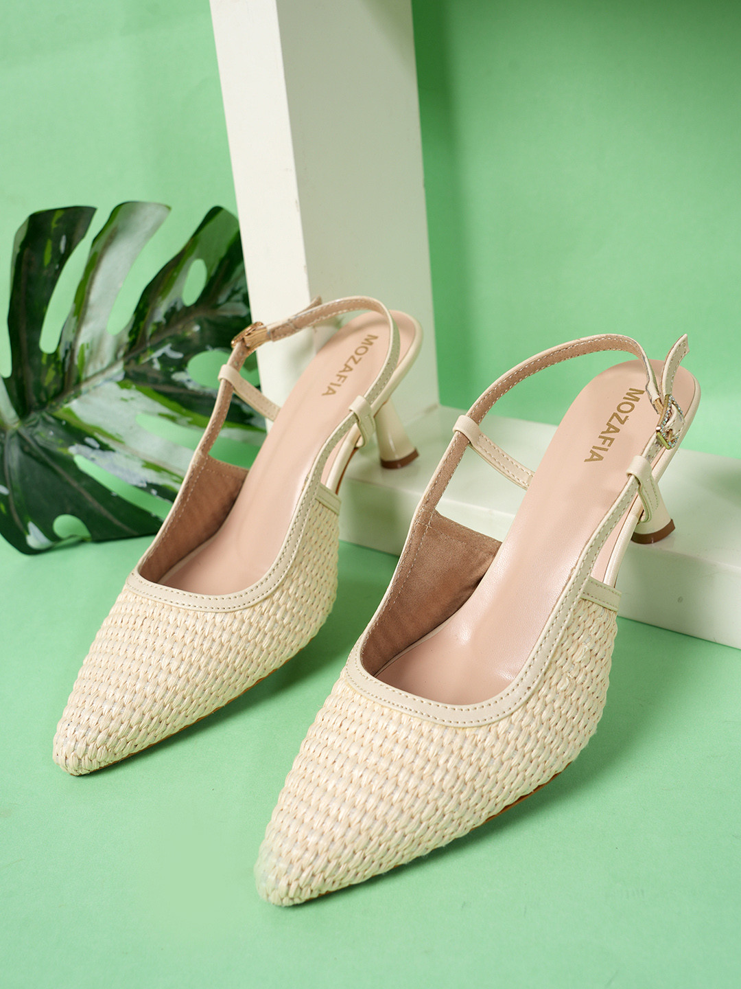 MOZAFIA Textured Laser Cuts Pointed Toe Block Pumps Heels