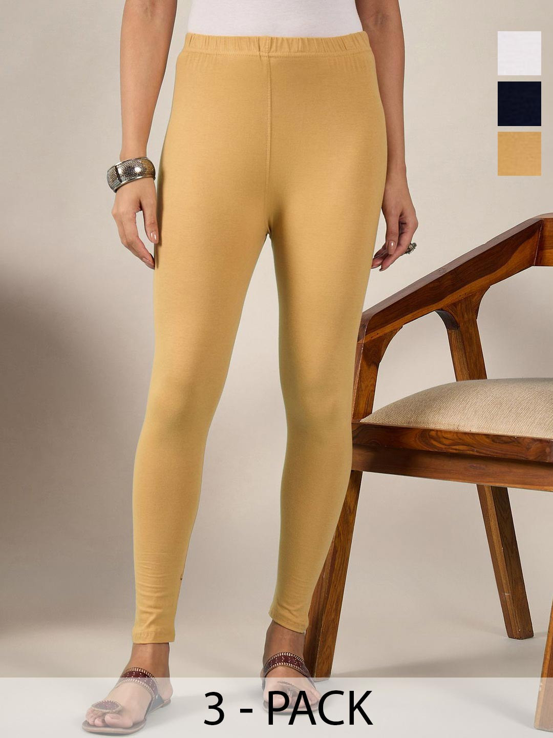QIOA Pack Of 3 Pure Cotton Ankle-Length Leggings