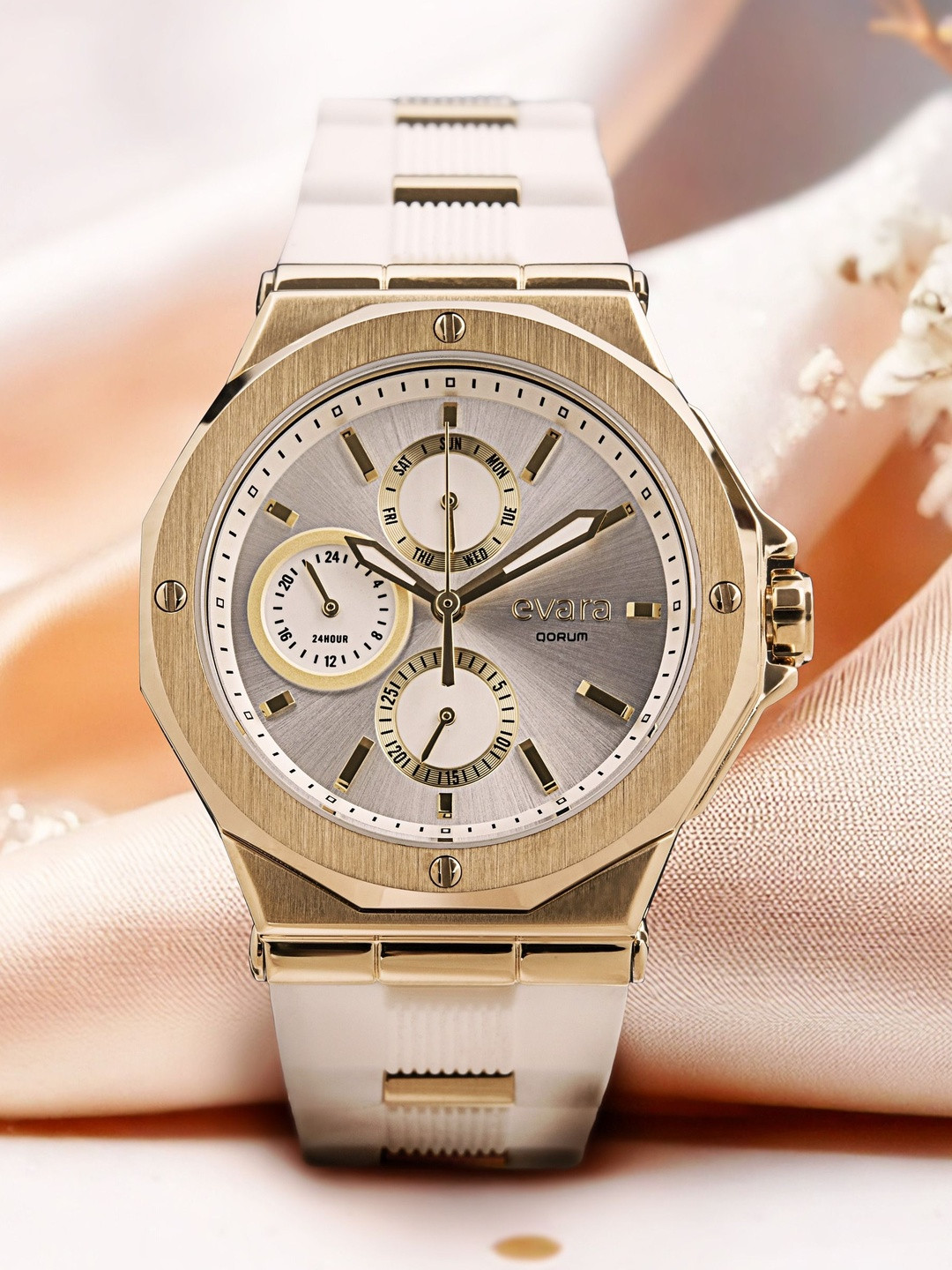 QORUM INDIA Women Multi-Function Analogue Watch G113 Evara-White Dial gold_N