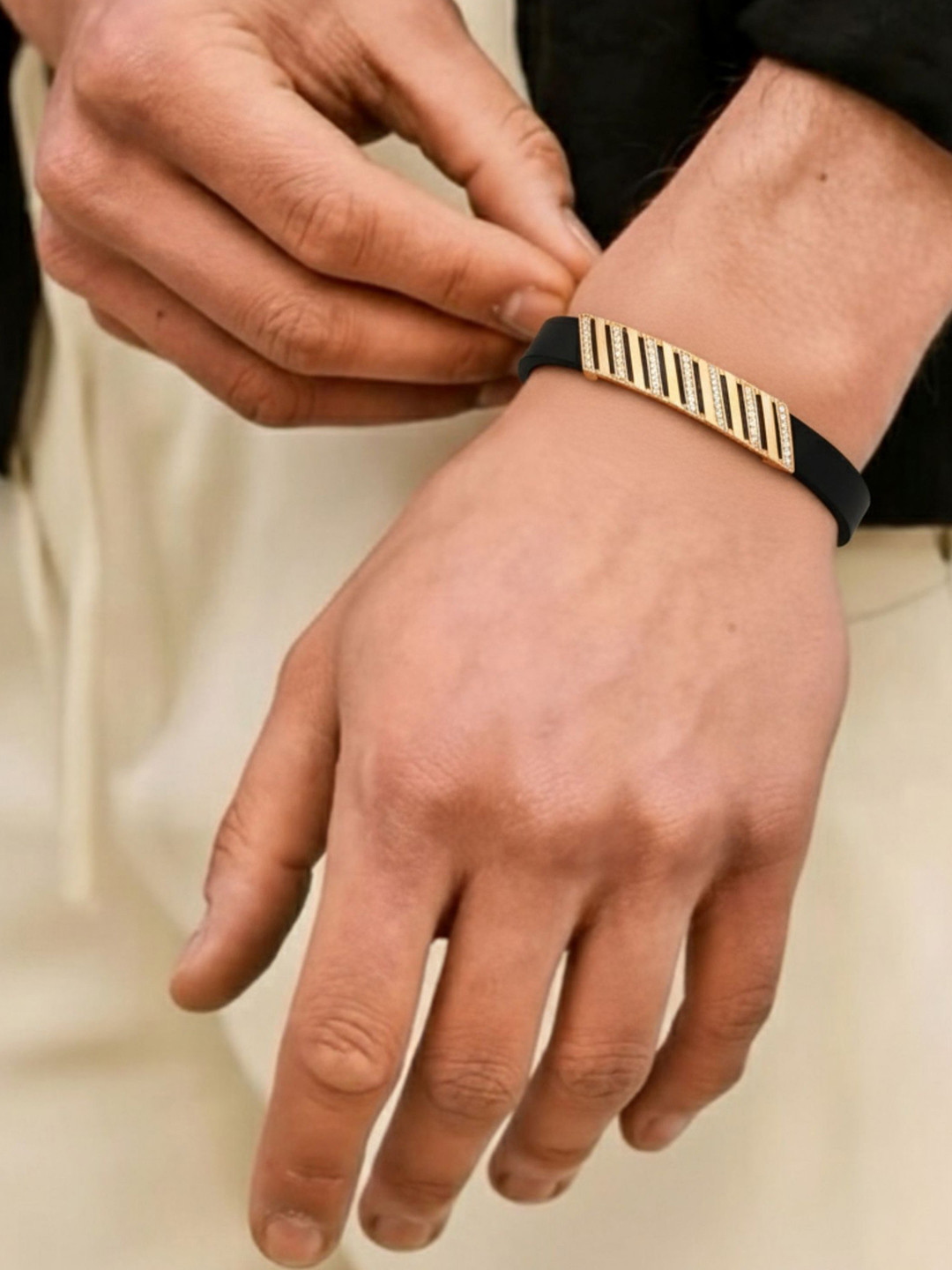 RKB Sales Men Gold-Plated Black American Diamond Bracelet