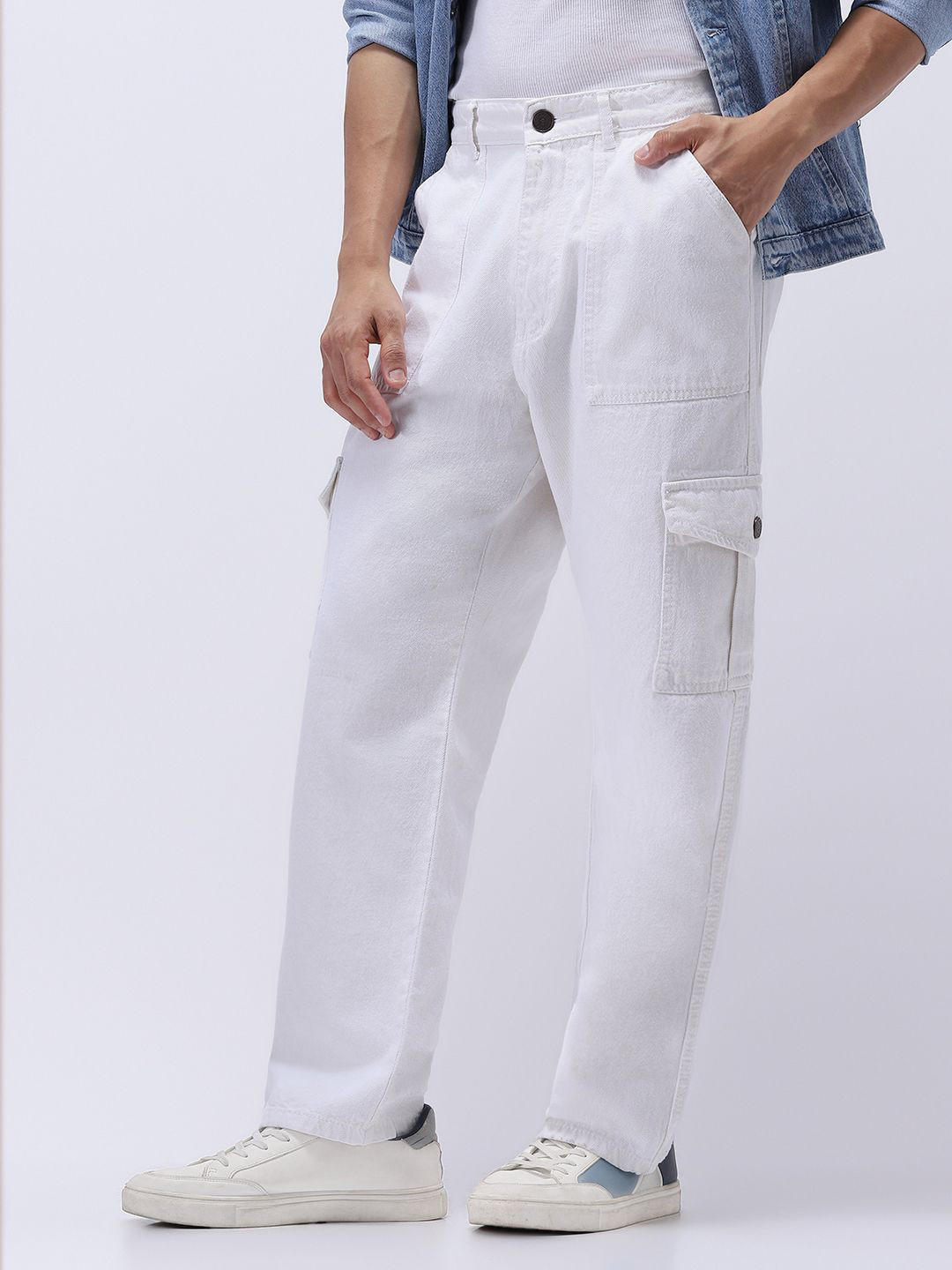 Urbano Fashion Men Loose Mid Rise Baggy Fit Cargo Jeans with 6 Pockets Non-Stretchable