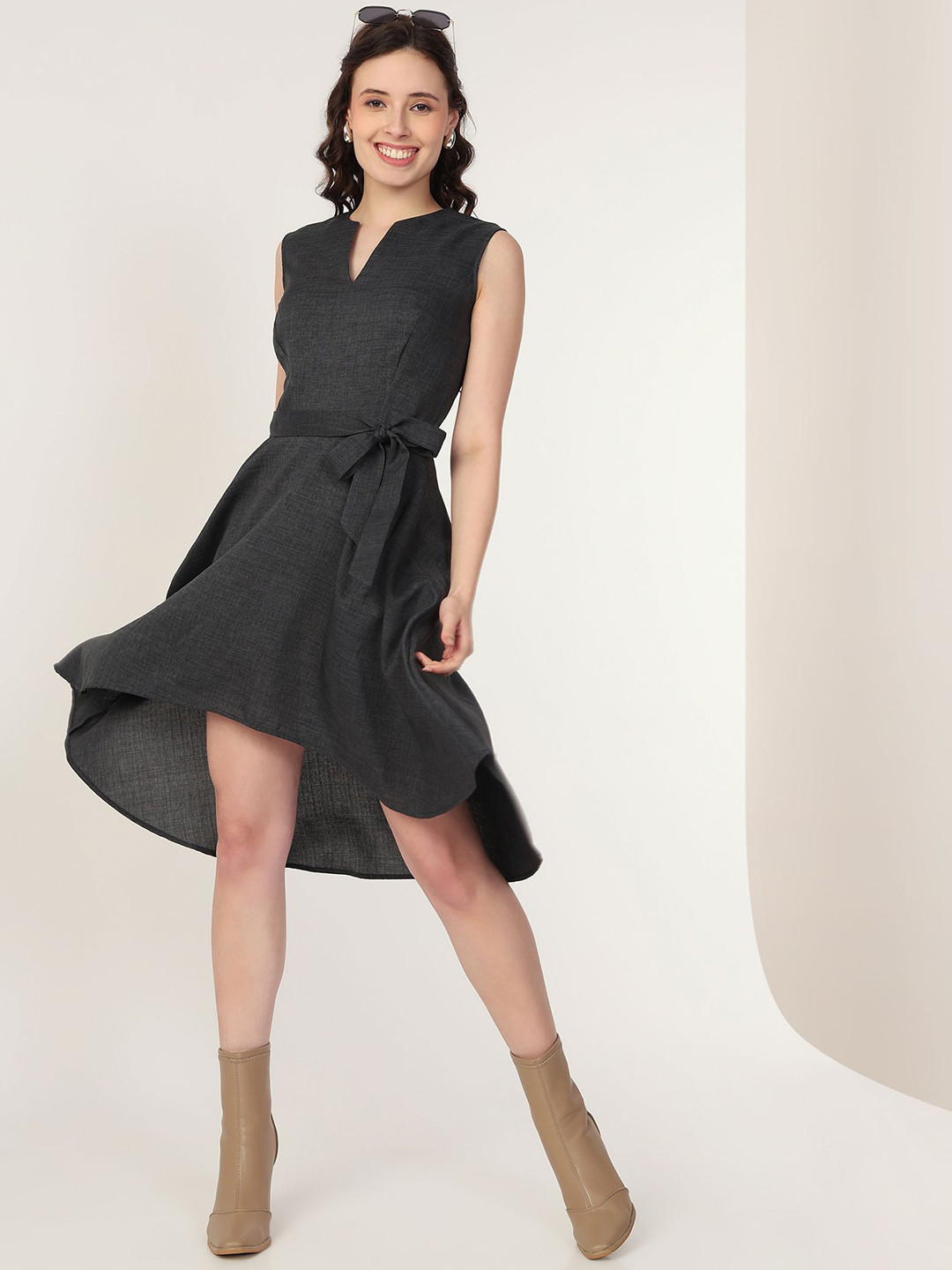 MISH X Linen Self Design Linen V-Neck Sleeveless Fit & Flare Dress