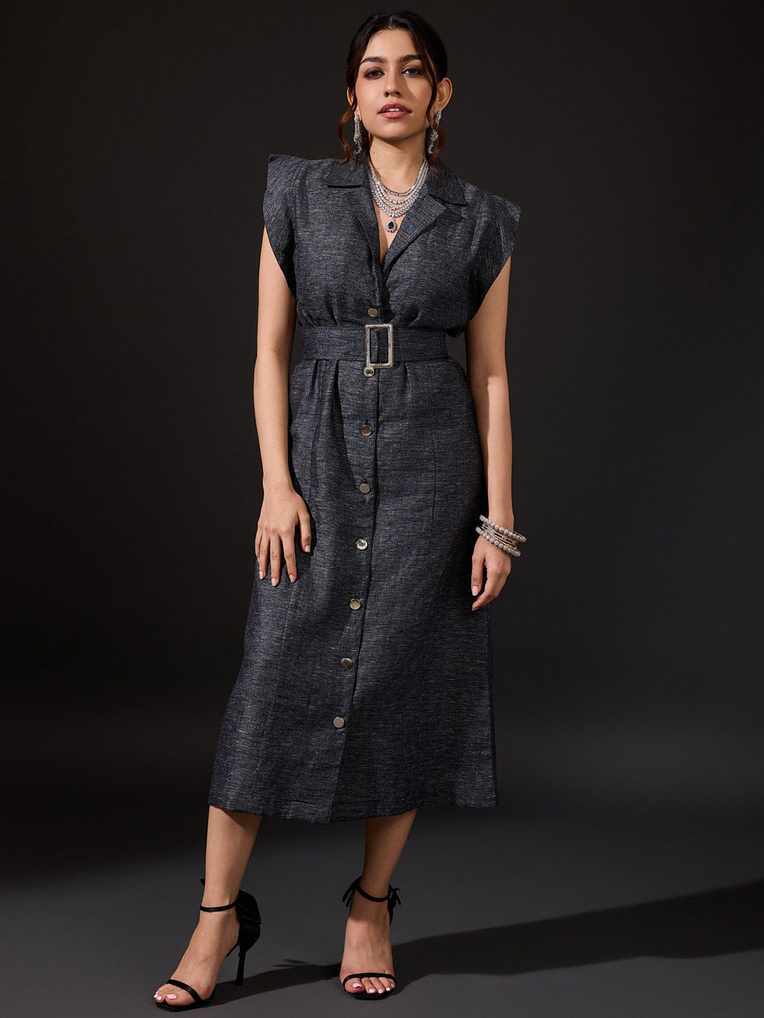 dhaaga Women Self Design Belted Sleeveless Linen Midi Blazer Dress