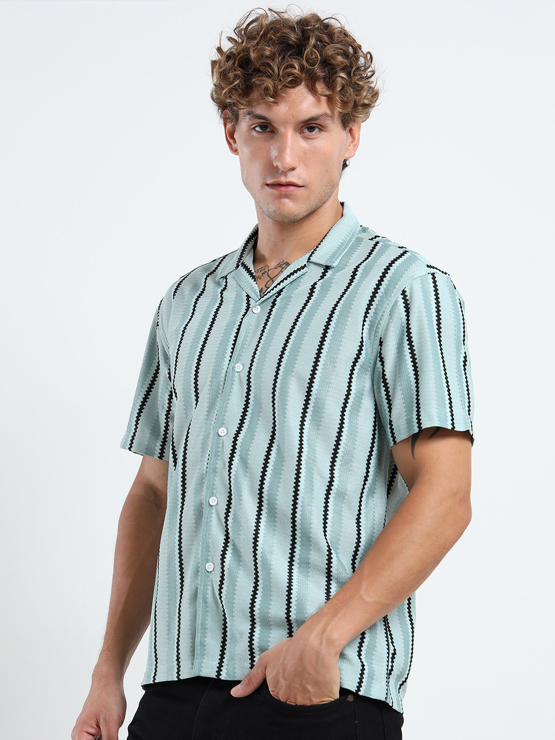 MOHICANS Striped Self Design Spread Collar Boxy Fit Shirt