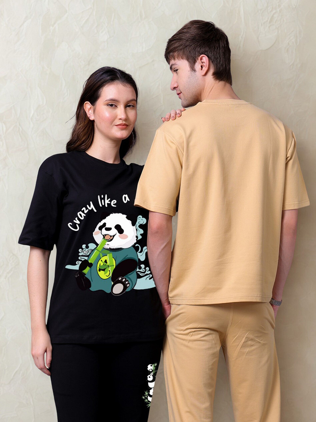 Lazy Lush Pack Of 2 Crazy Panda Printed Round Neck T-Shirt With Joggers CoupleCo-Ords