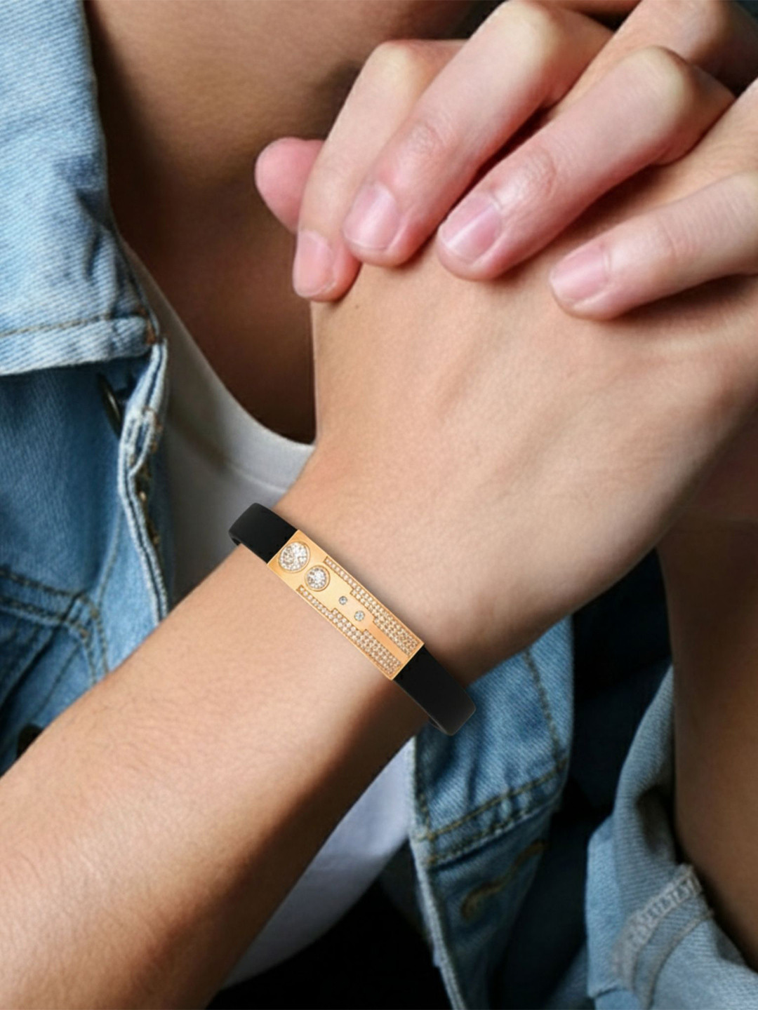 RKB Sales Men Gold-Plated American Diamond Rubber Bracelet