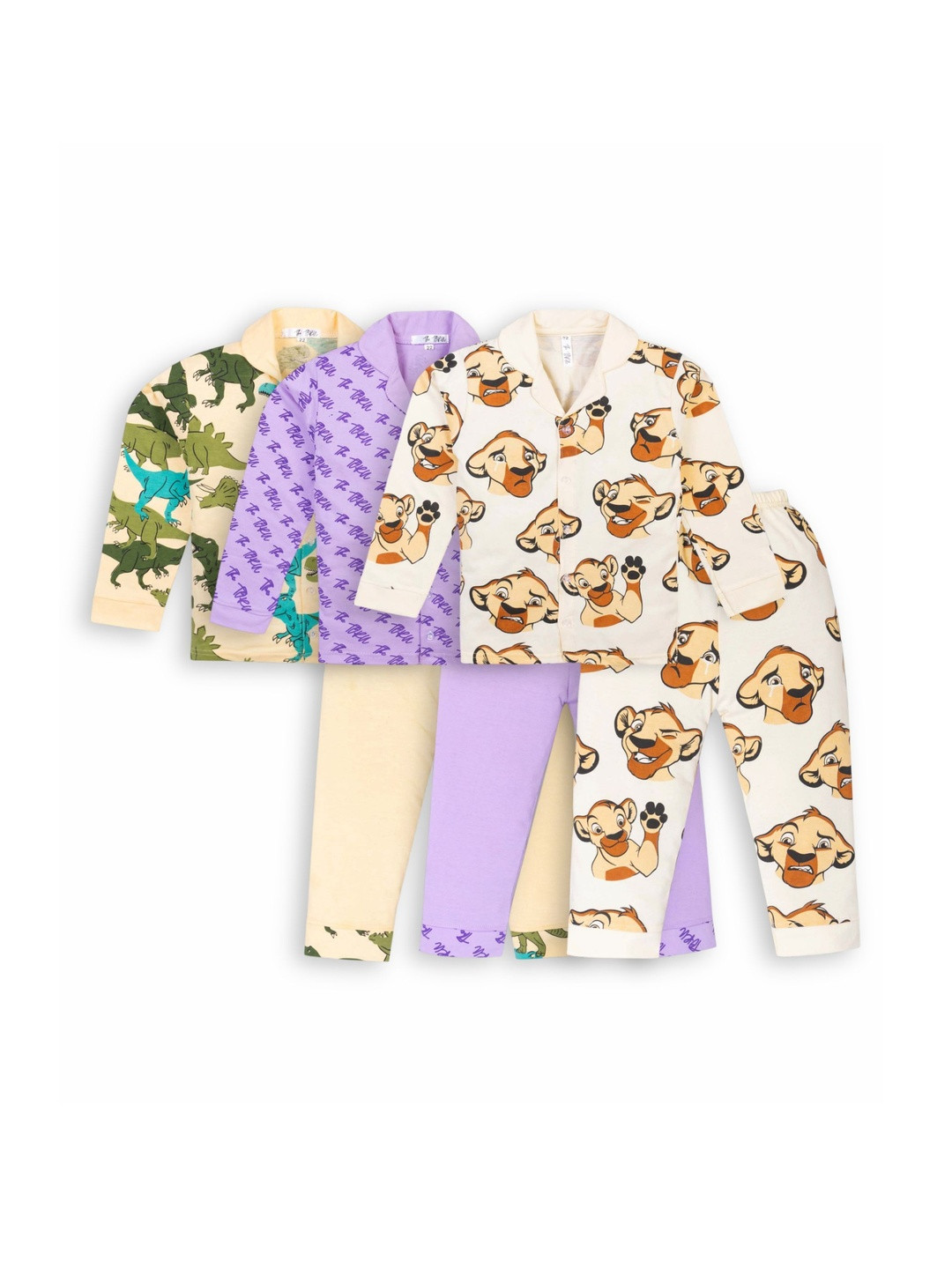 THE TORN Kids Pack Of 3 Printed Cuban Collar Long Sleeves Shirt & Pyjama Night Suits