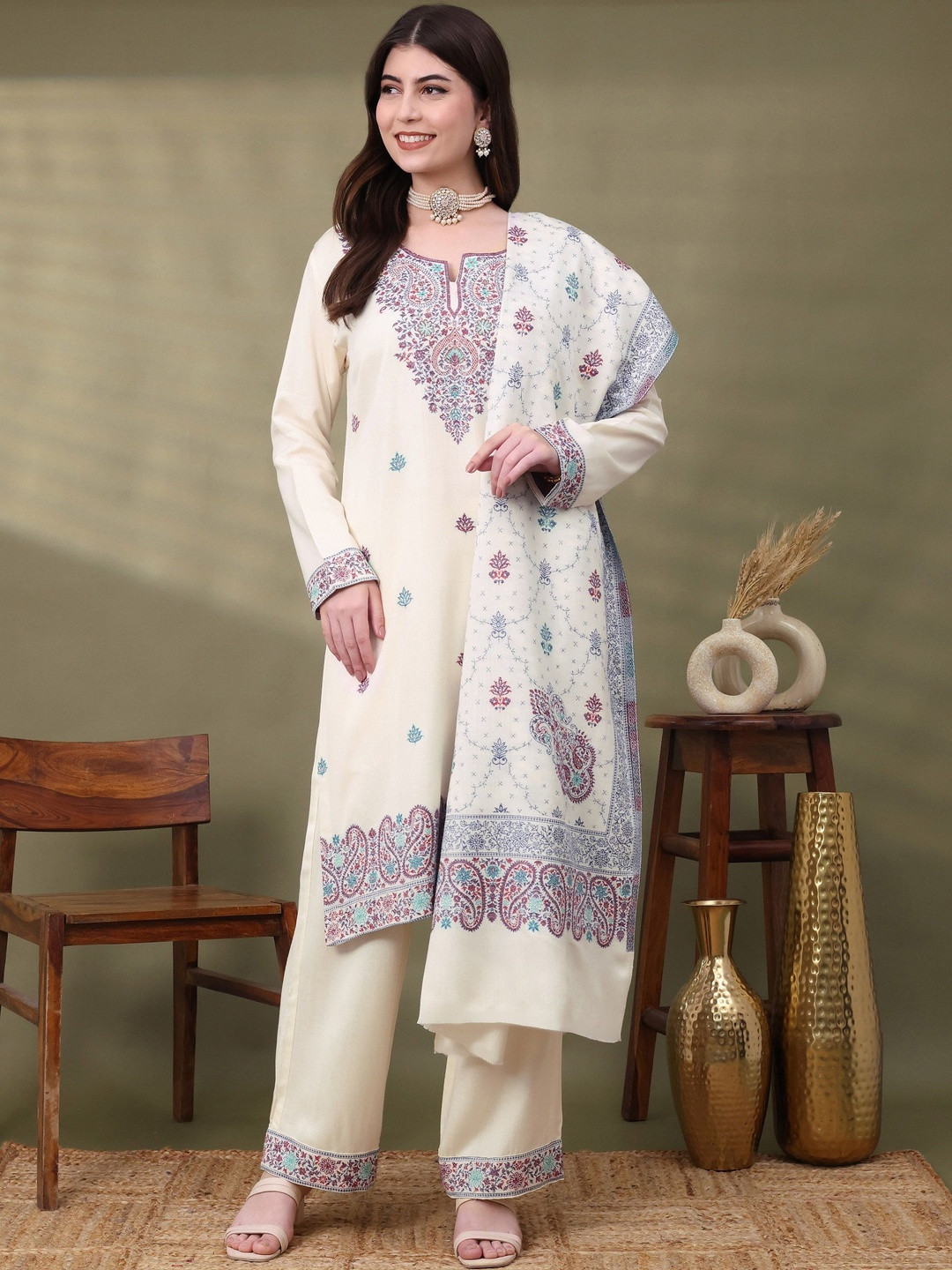 Hemkunt Fabric Ethnic Motifs Embroidered Pashmina Weaved Unstitched Dress Material