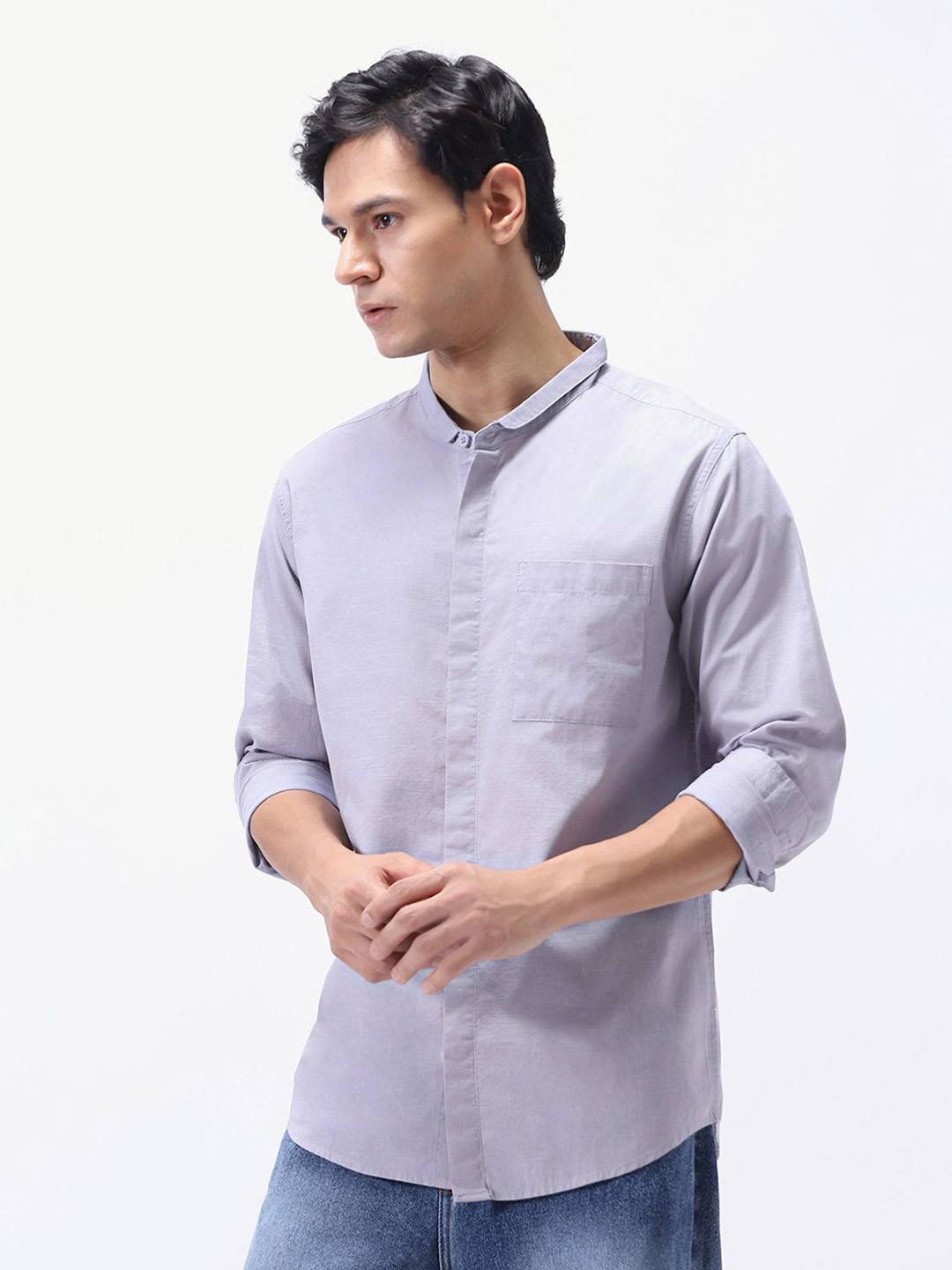 Urbano Fashion Men Solid Band Collar Pure Cotton Casual Shirt