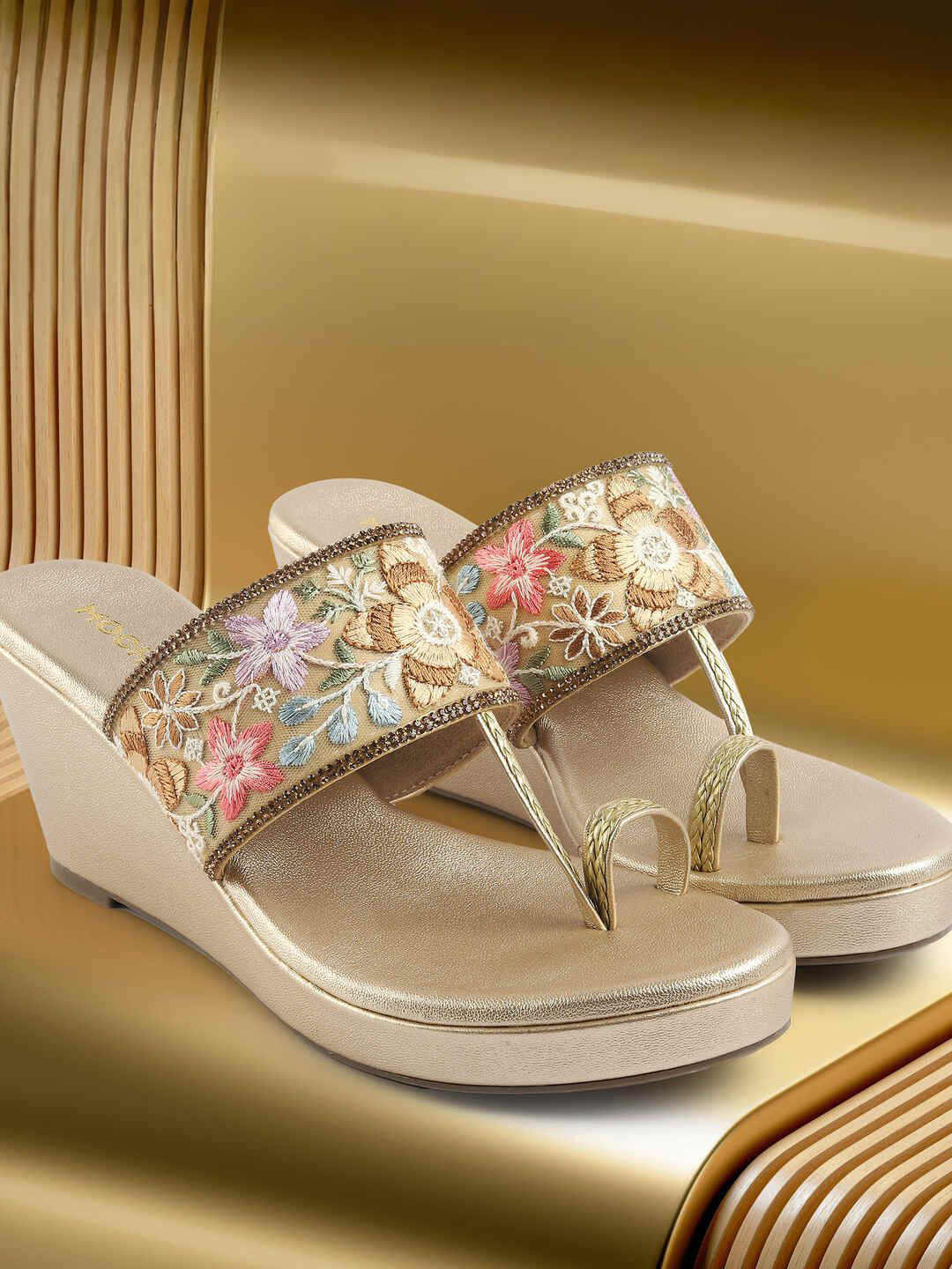 Mochi Women Floral Embroidered Wedge Heels Sandals With Ethnic - Embellished