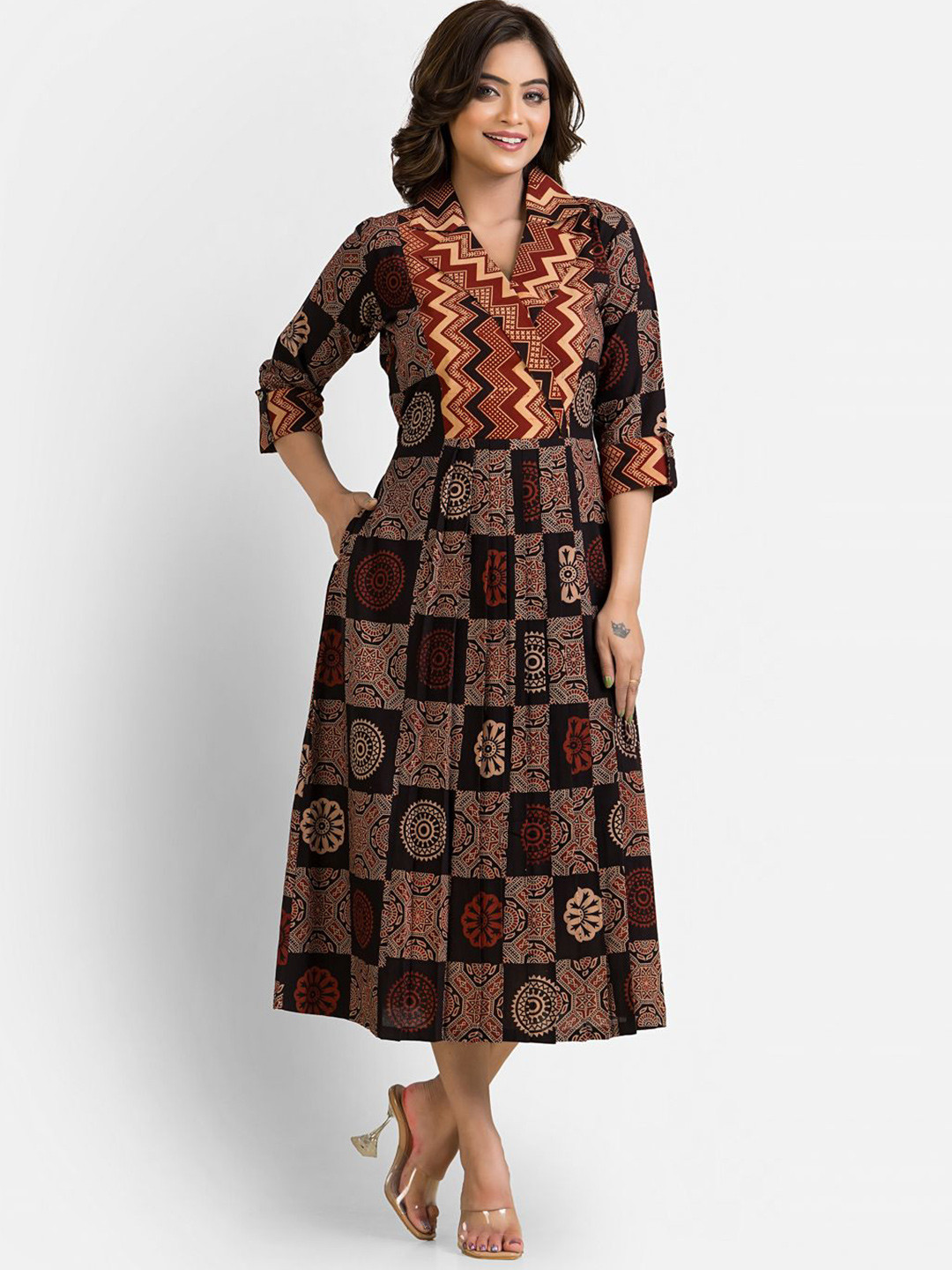 Crazy Needle Women Ethnic Motifs Printed Lapel Collar Cotton Fit & Flare Midi Dress
