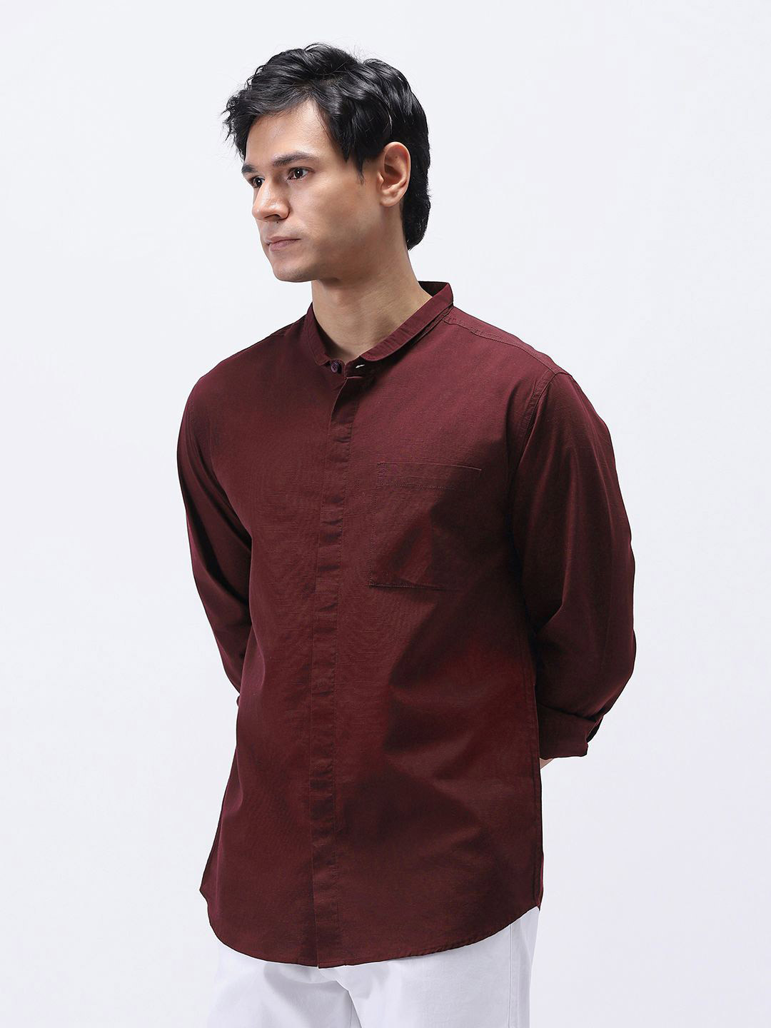 Urbano Fashion Men Solid Band Collar Pure Cotton Casual Shirt