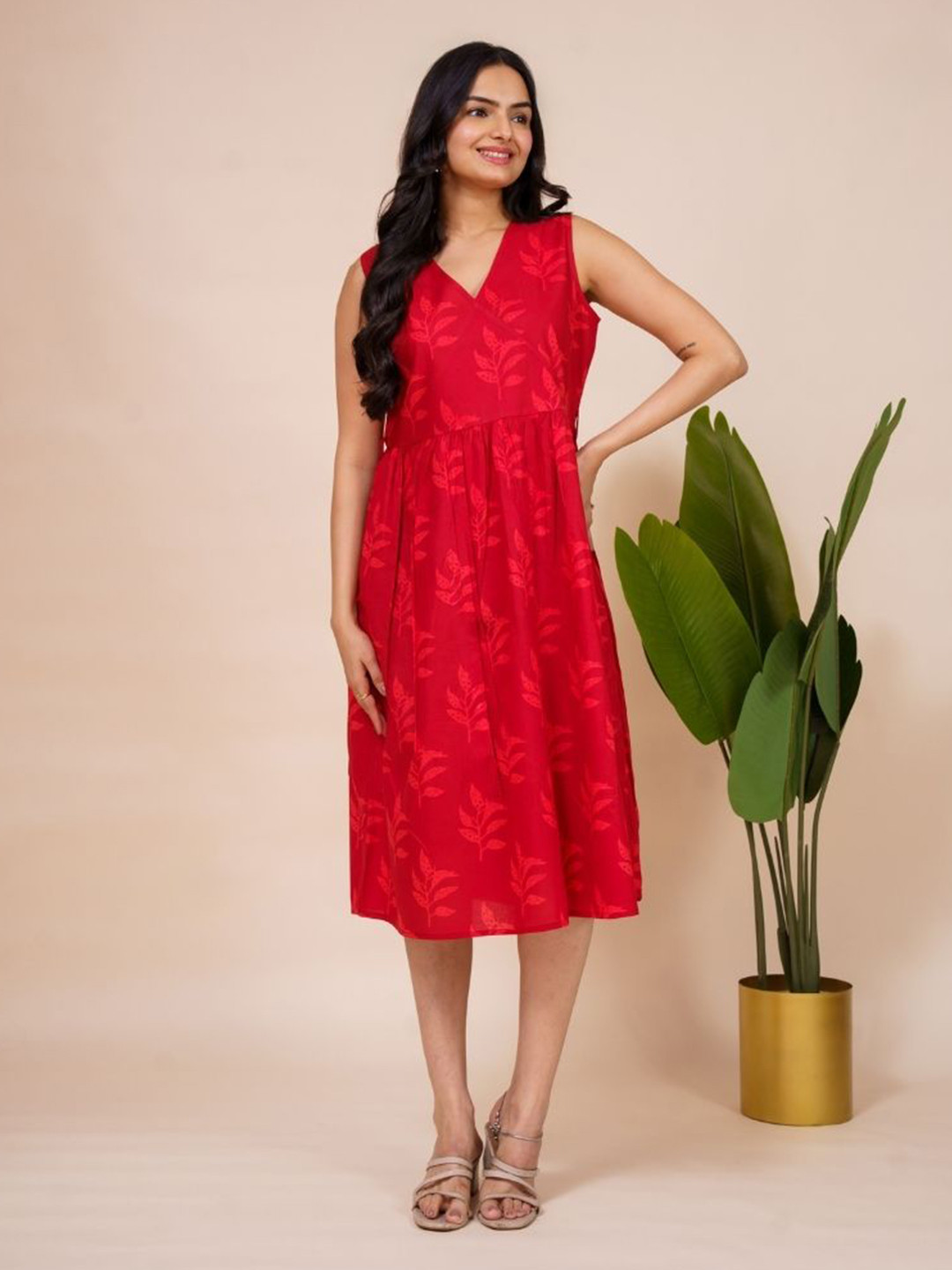 EKISHA Floral Printed V-Neck A-Line Cotton Dress