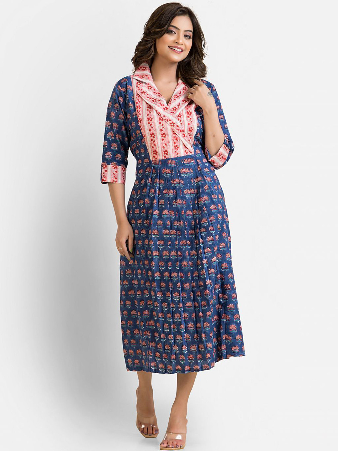 Crazy Needle Ethnic Motifs Print Lapel Collar Roll-Up Sleeve Cotton Fit & Flare Midi Dress