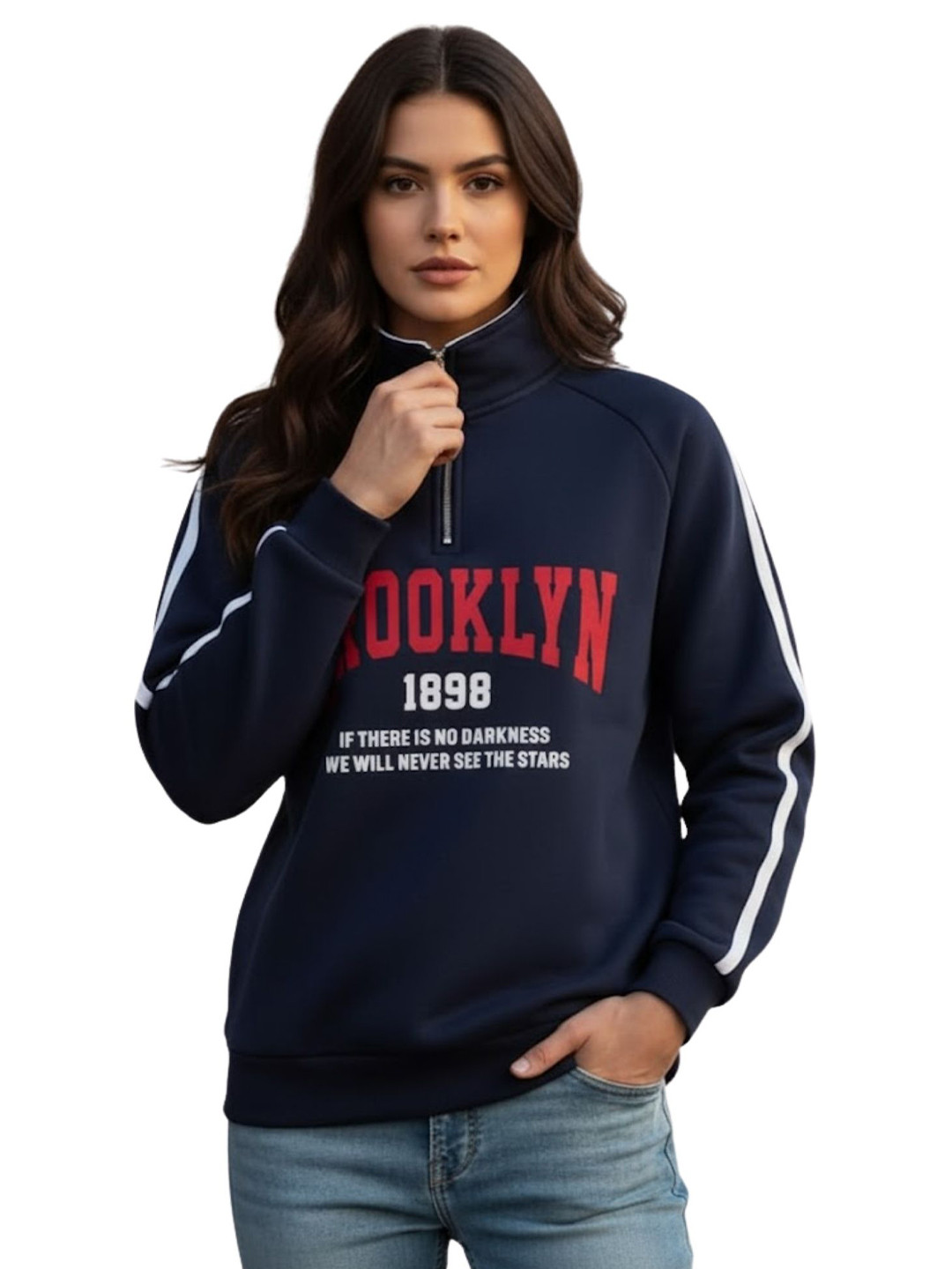 SHAIRA FASHION Women Colourblocked Brooklyn Nets Half-Zip Pullover Sweatshirt