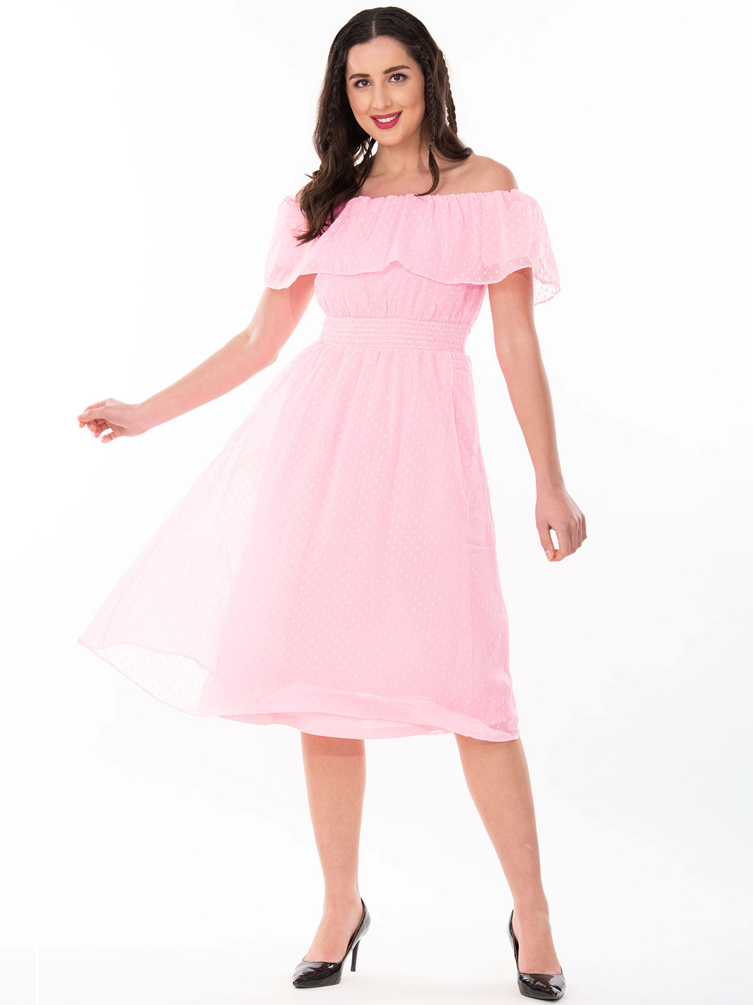 ND & R Women Off-Shoulder Puff Sleeve Georgette Ruffled Fit & Flare Dress