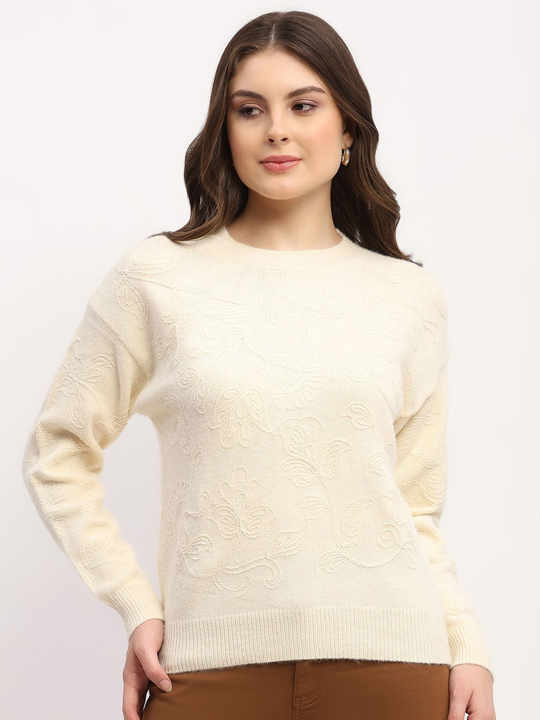 Global Republic Women Floral Embroidered Crew Neck Pullover Sweater