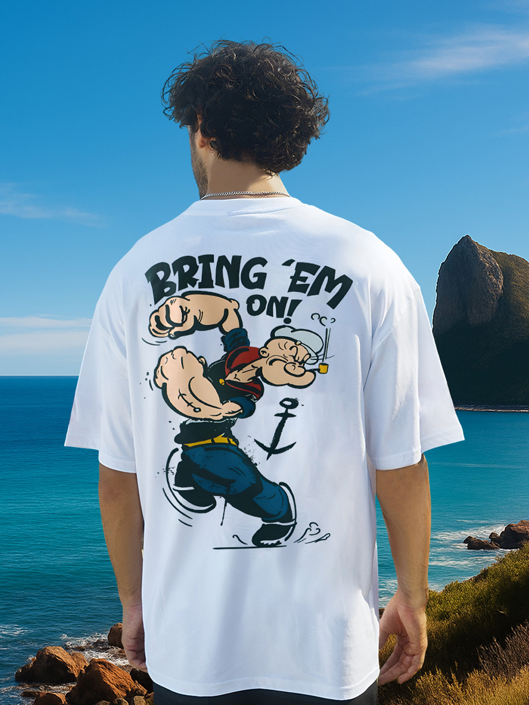 BDSQUARE Men White Popeye Printed Round Neck Oversized Cotton Causal T-shirt