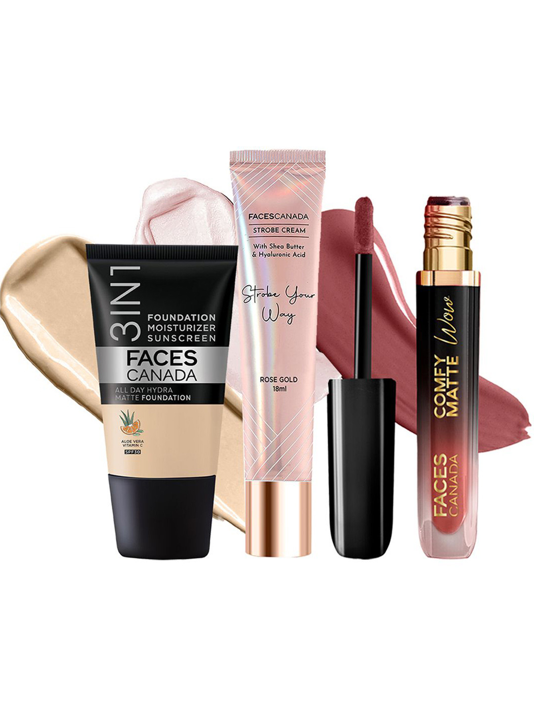 FACES CANADA Set Of 3 Strobe Cream & Hydra Foundation 18 ml Each & Comfy Lipstick -3.8ml